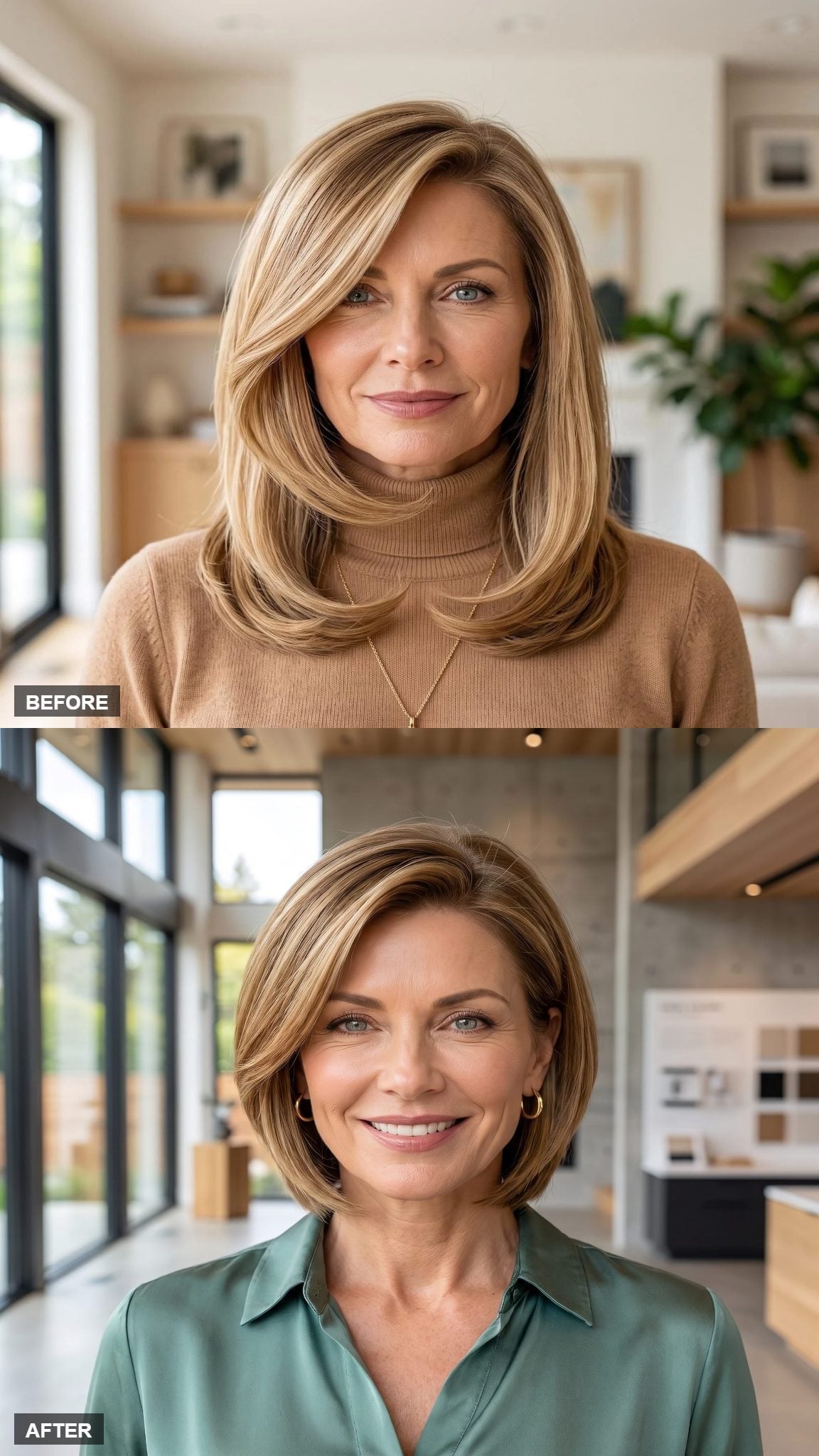 Side-swept blonde bob with sage-green open-collar shirt and gold hoops