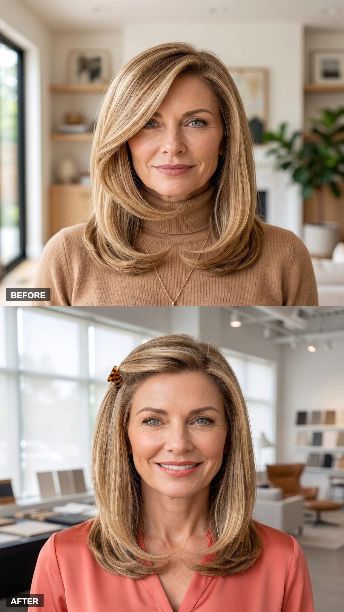 Blonde half-up hairstyle secured with tortoiseshell claw clip and coral blouse