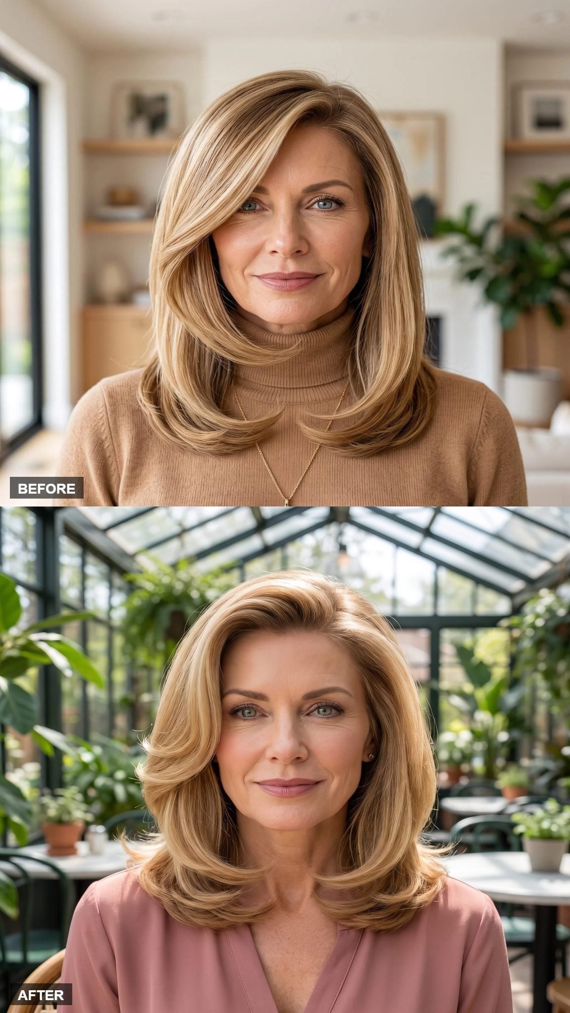 Full blonde blowout with rounded ends and rose-pink wrap neckline