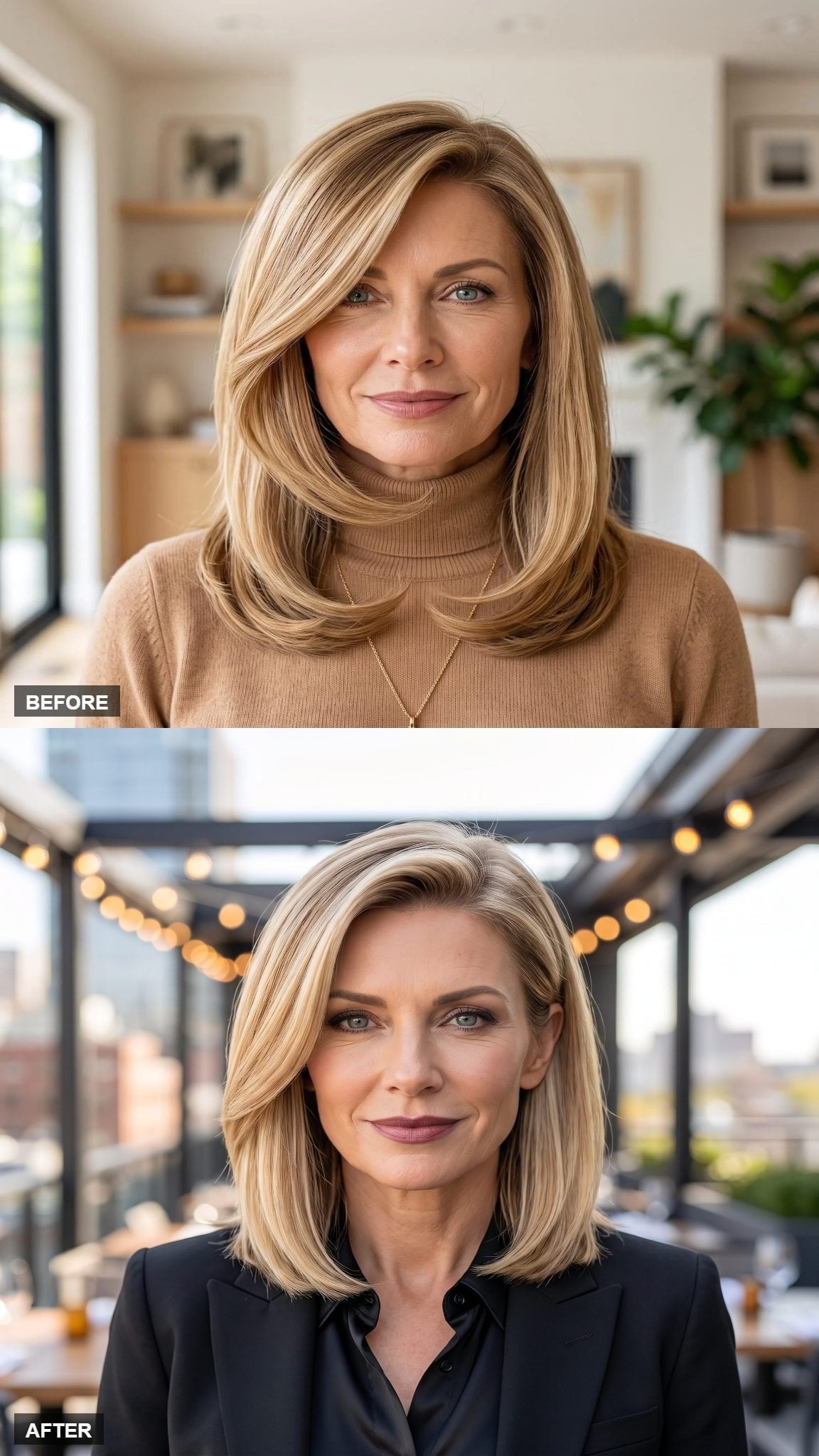 Swept-back shoulder-length blonde hair with black blazer and satin blouse