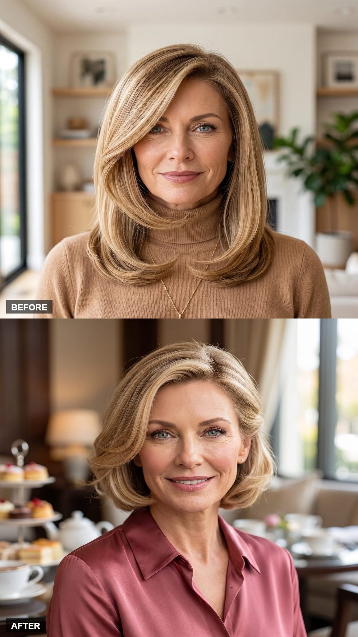 Soft blonde jaw-length bob with crown volume and rose silk blouse