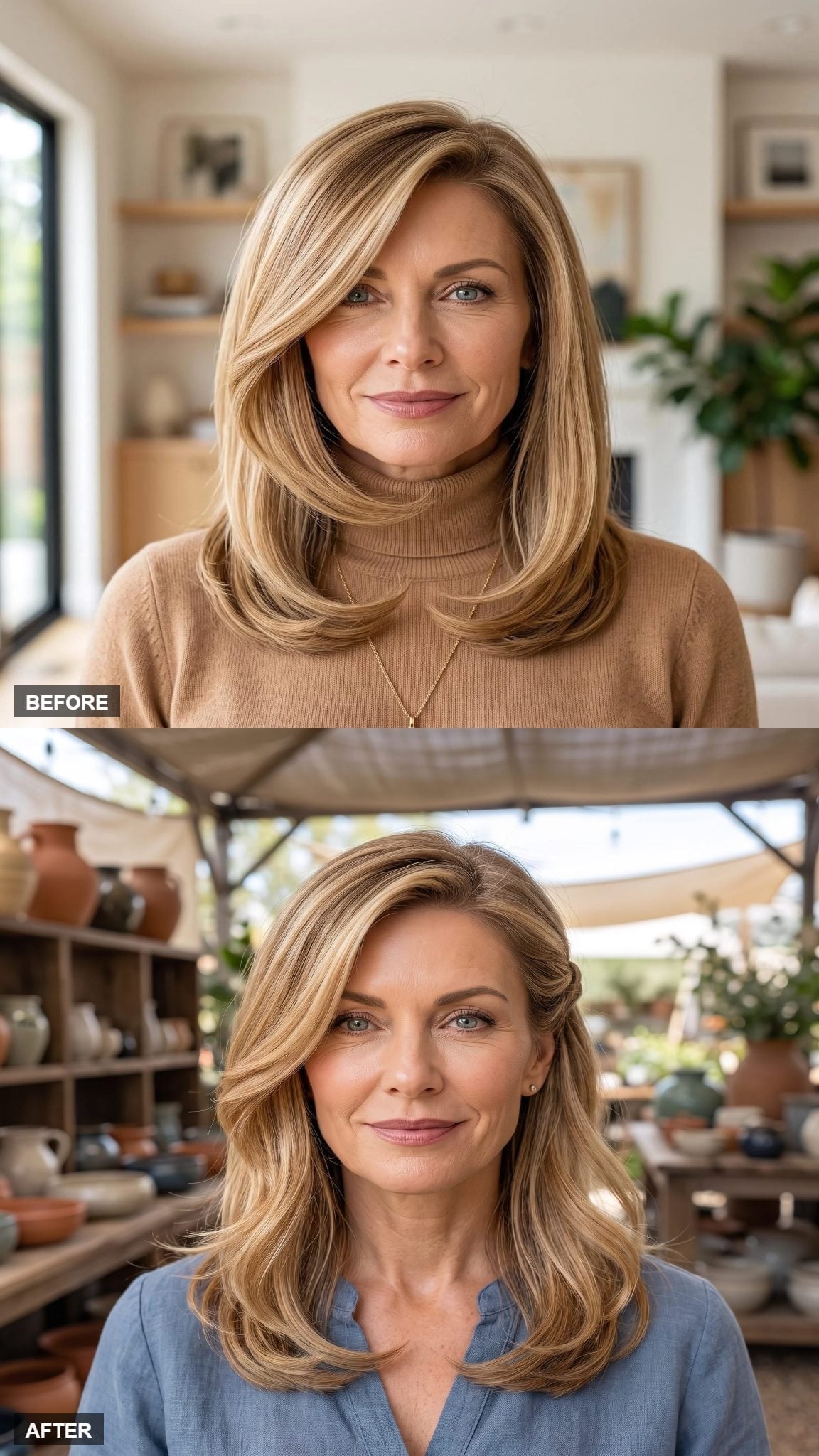 Warm blonde waves swept away from the temples with chambray blue top