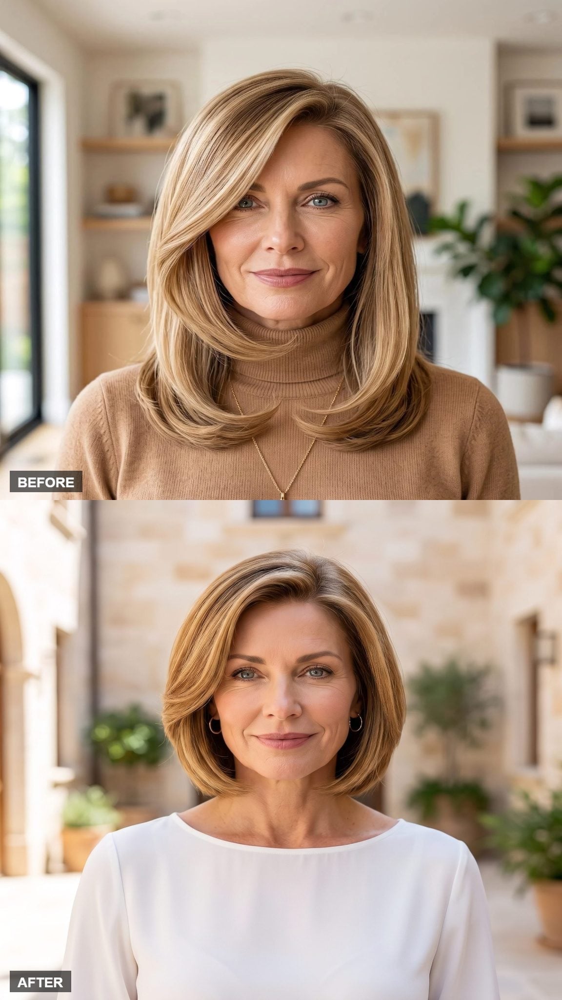Caramel blonde chin-length bob with subtle internal layers and white boatneck