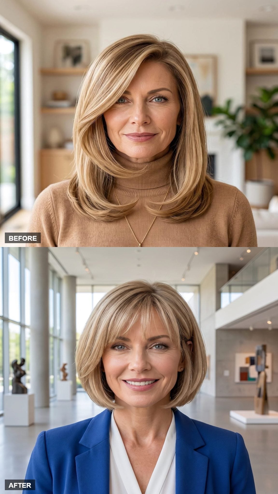 Soft-fringed chin-length bob with crown volume and royal-blue blazer