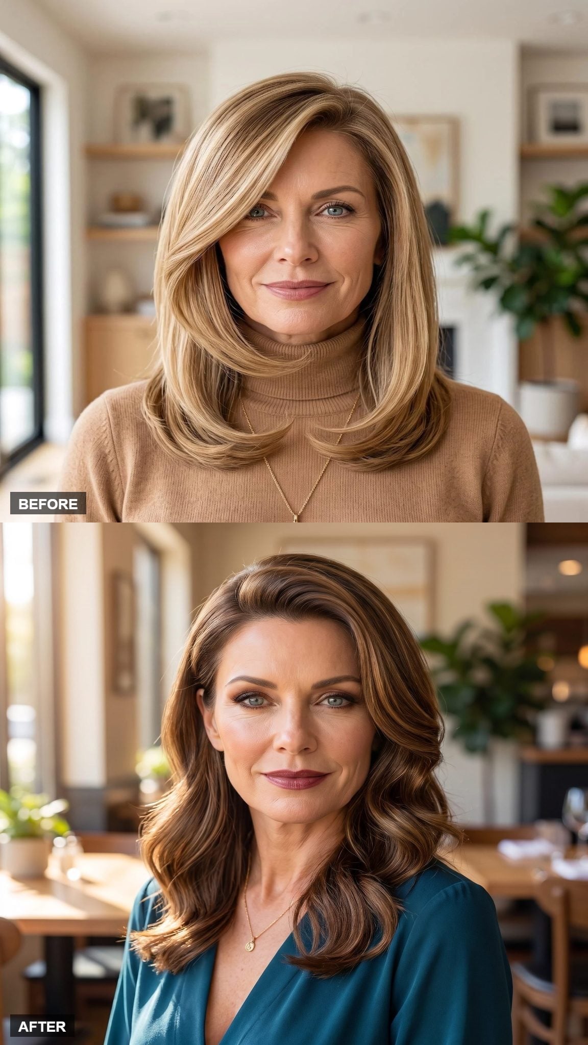 Brunette collarbone-length waves with caramel highlights and teal wrap top