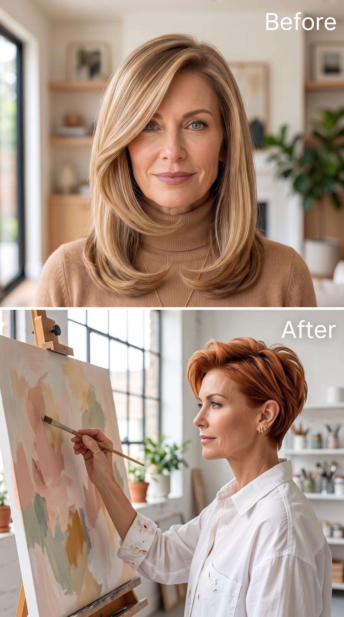 Copper pixie haircut with soft crown volume and closely cropped nape