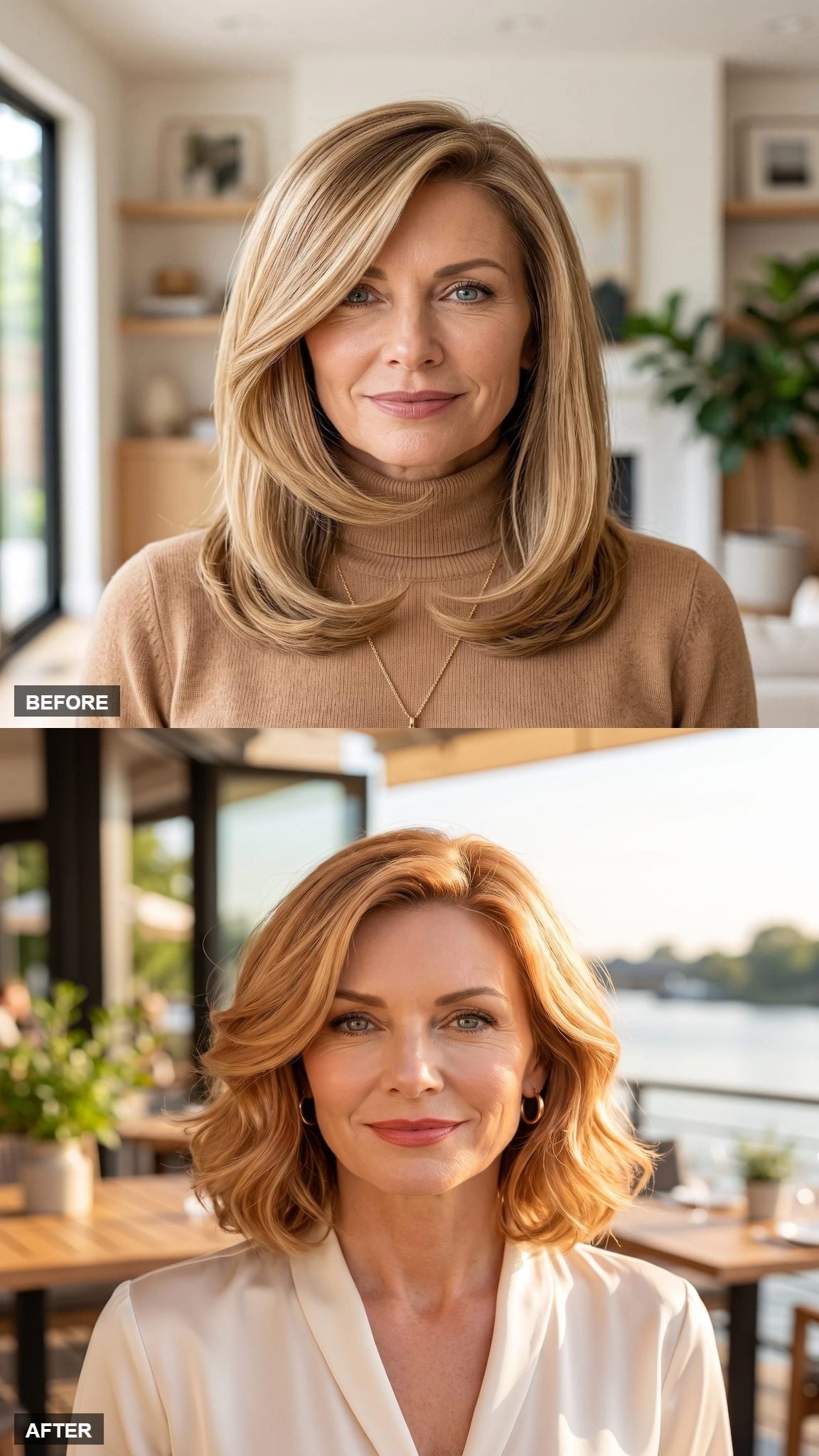 Copper waves with white open-lapel top and gold hoop earrings
