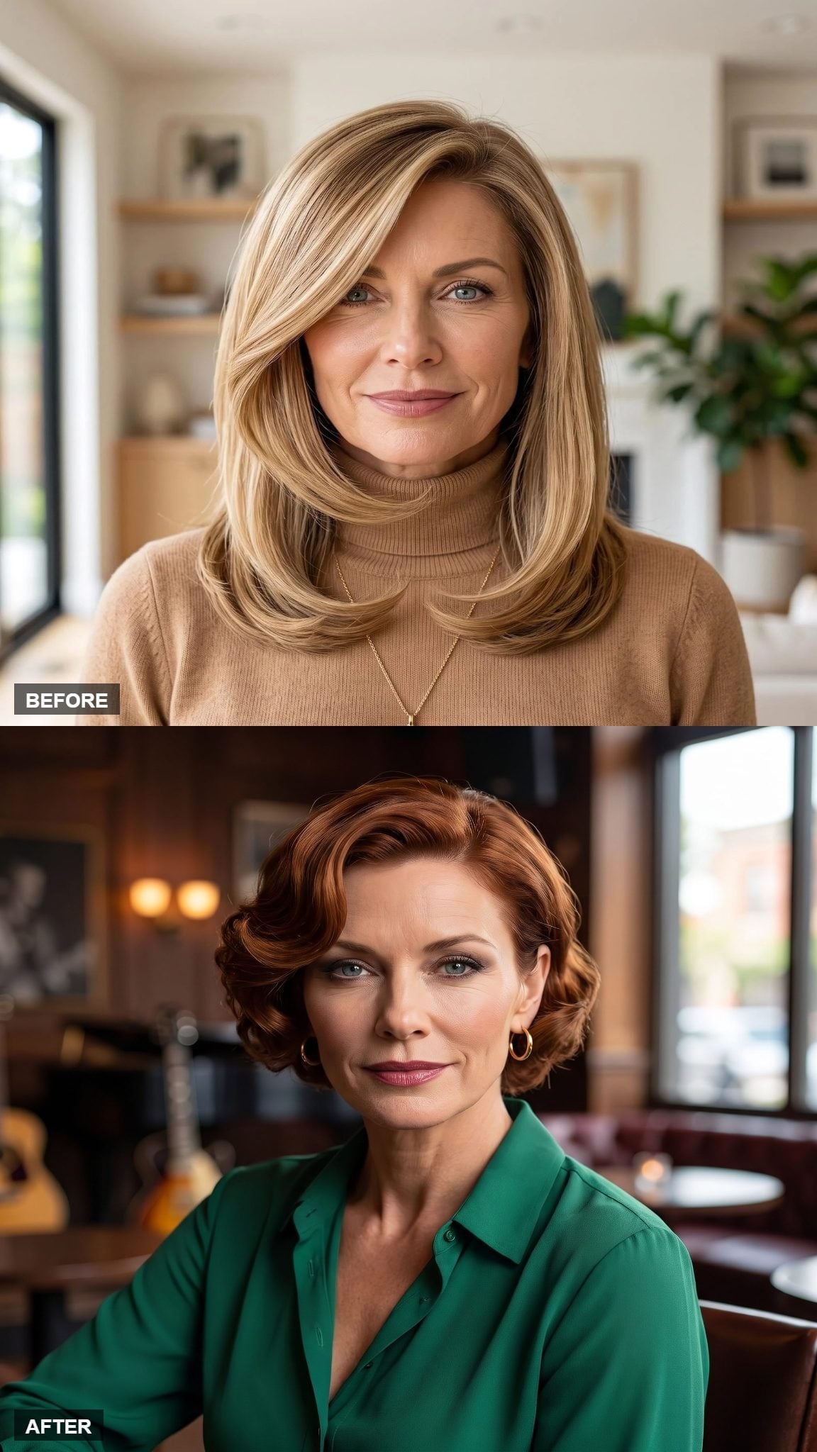 Short auburn waves pinned near the ear with green silk blouse
