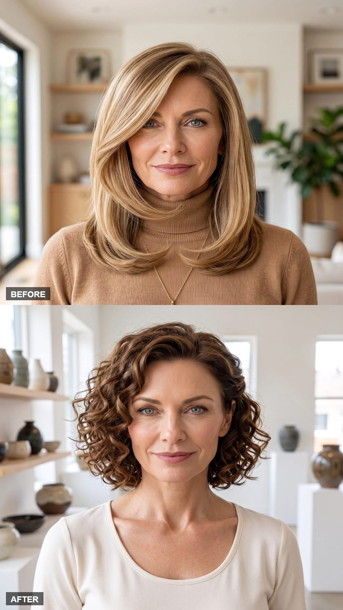 Dark brunette chin-length curly bob with cream scoop-neck top