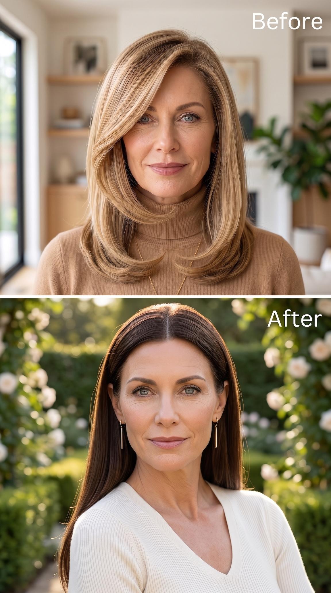 Long straight brunette hair with a clean center part and open neckline
