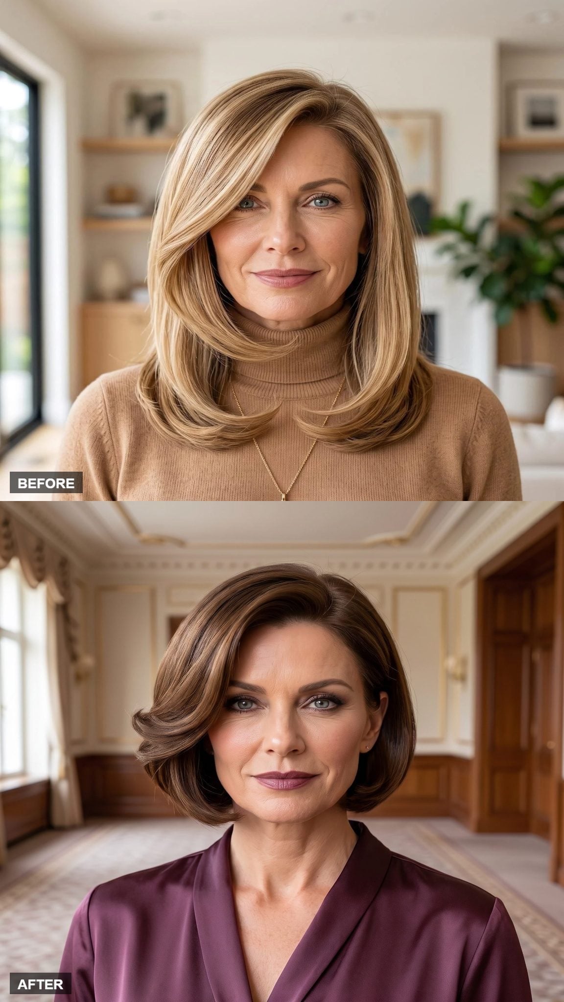Rich chestnut brown bob with inward-curled ends and plum blouse