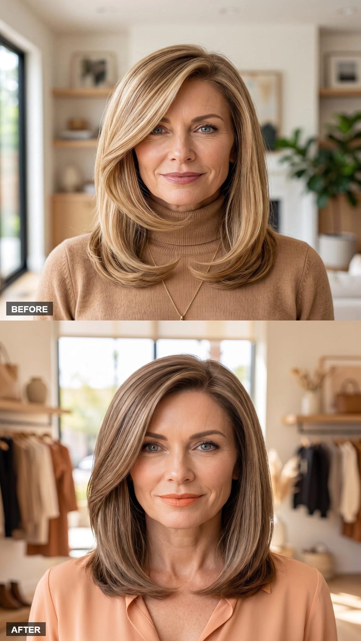 Cool ash-brown collarbone-length haircut with peach open-collar top