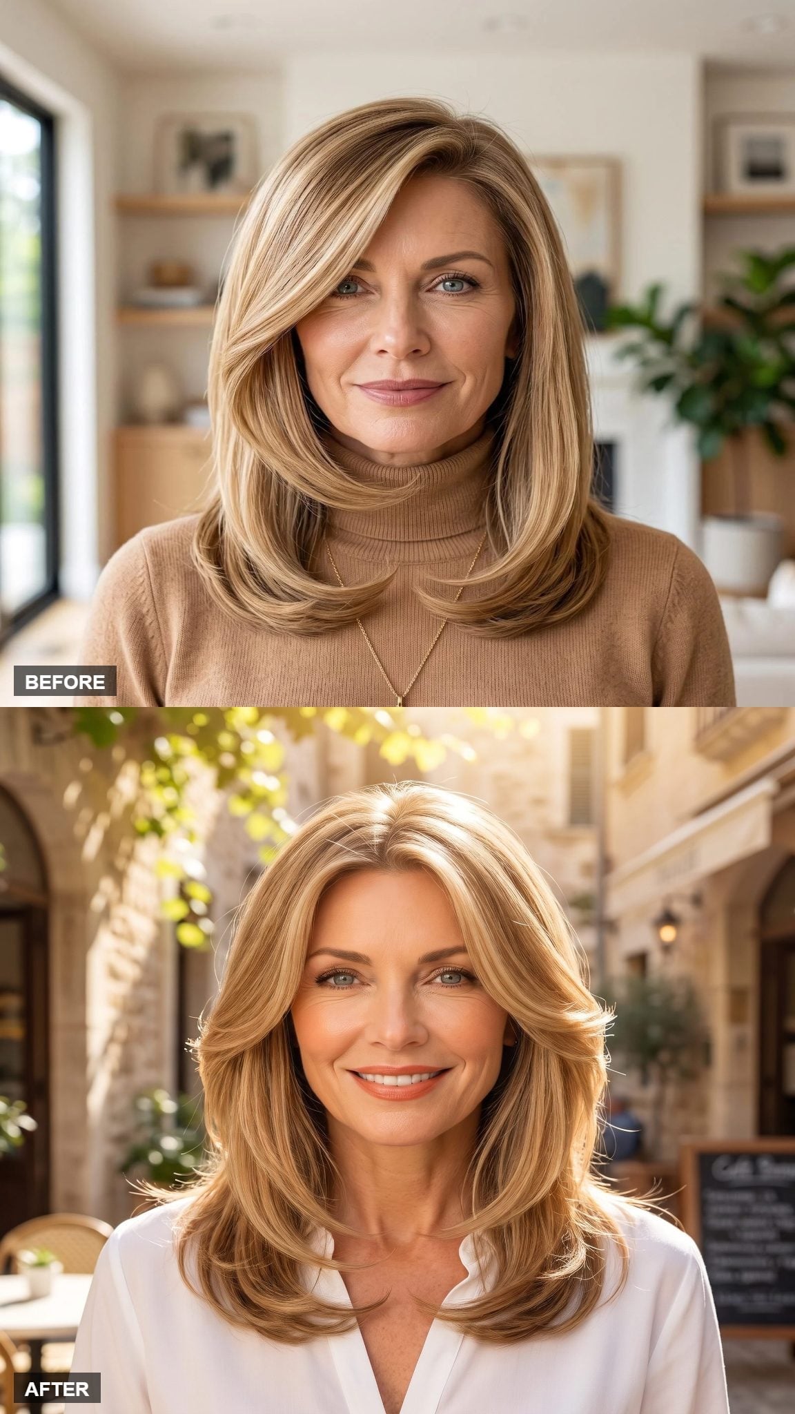 Golden blonde collarbone-length layers styled with outward-flipped ends