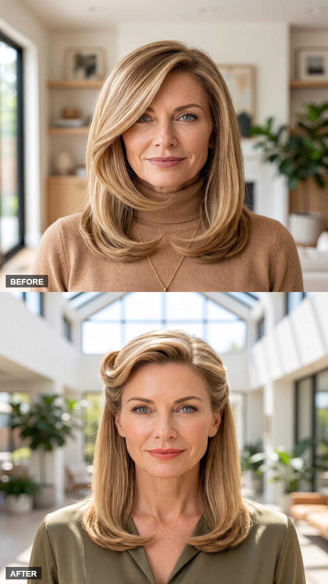 Golden blonde half-up hairstyle with soft crown volume and olive wrap top