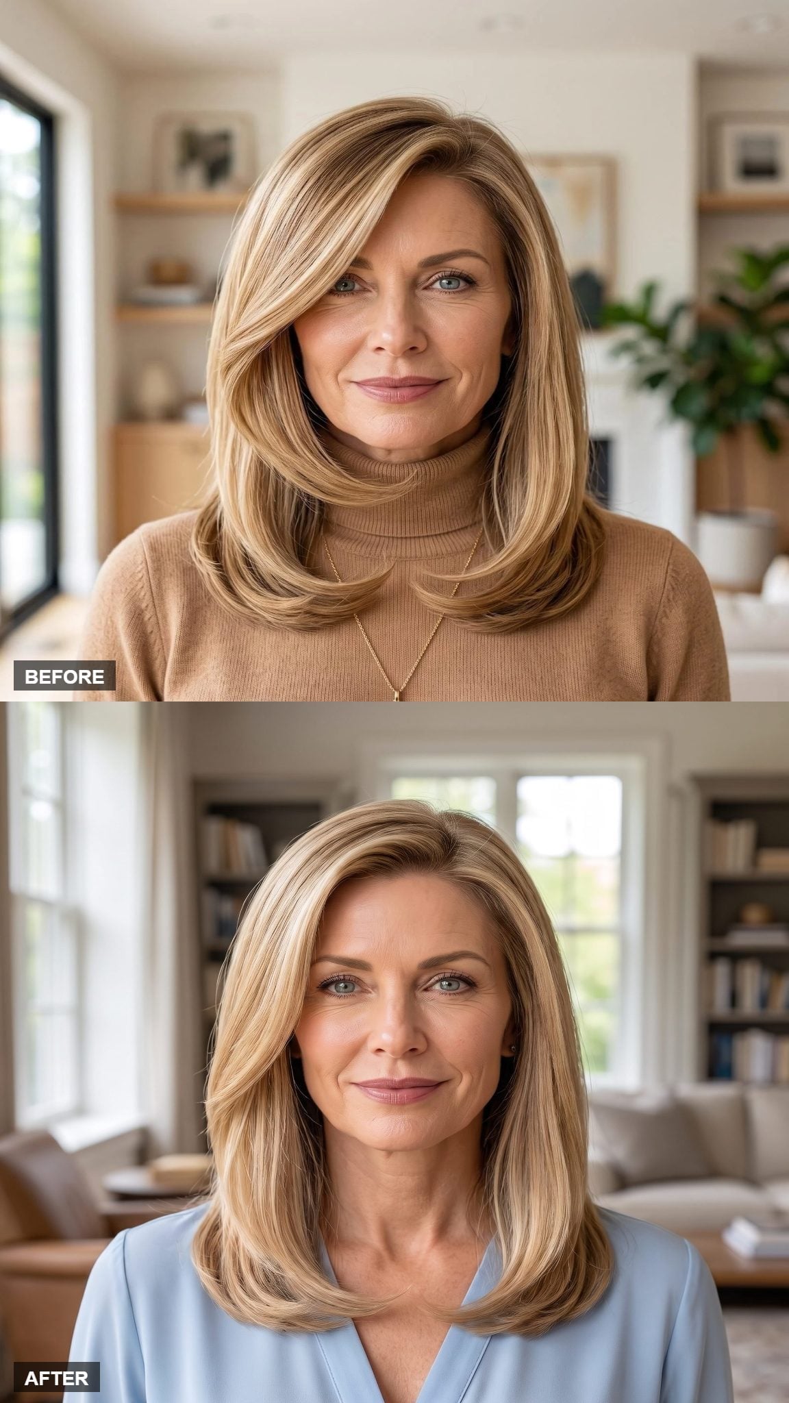 Collarbone-length layered hairstyle swept away from the temples with light-blue V-neck