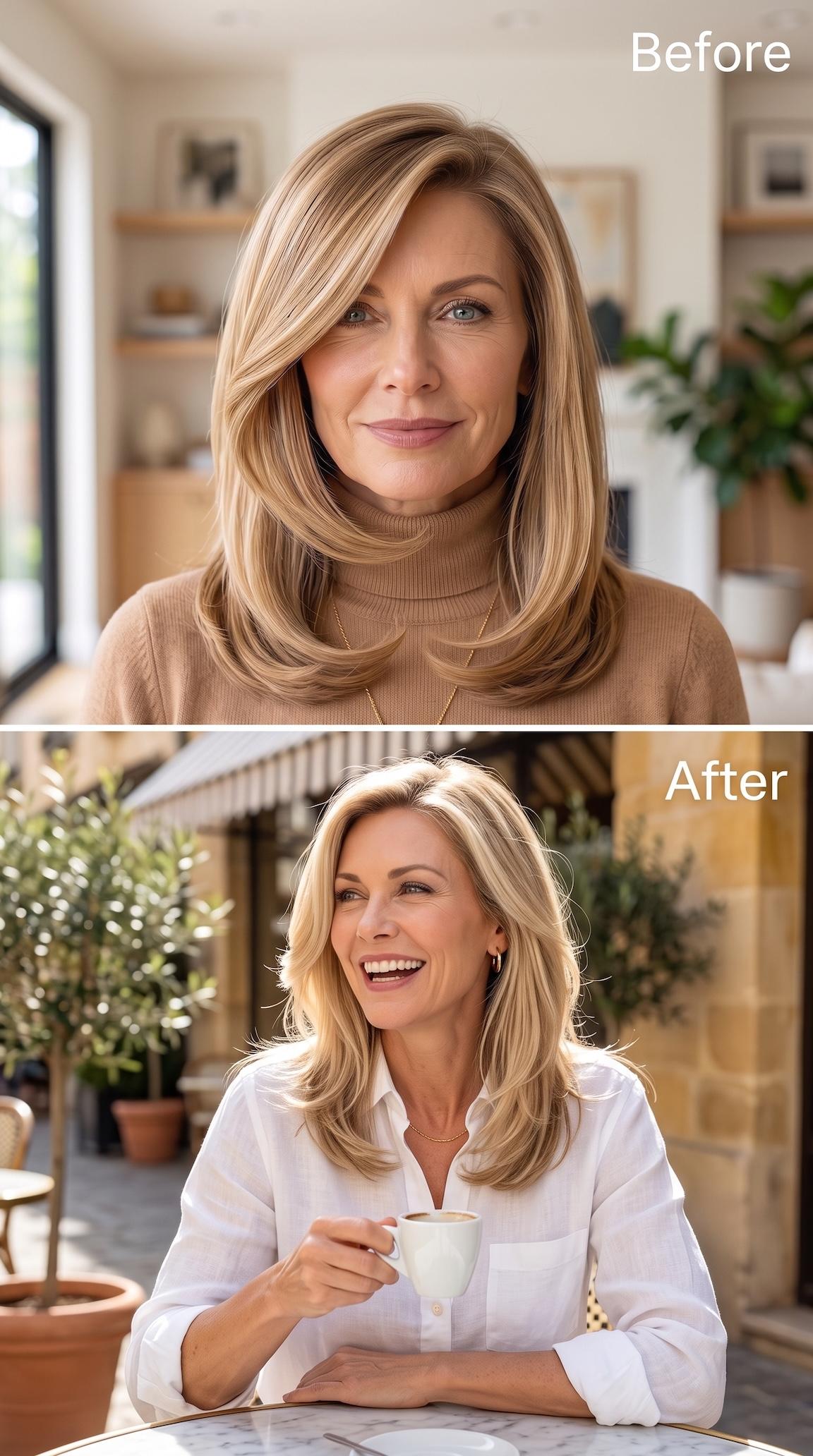 Shoulder-grazing layered hairstyle with outward-flipped ends and white linen shirt