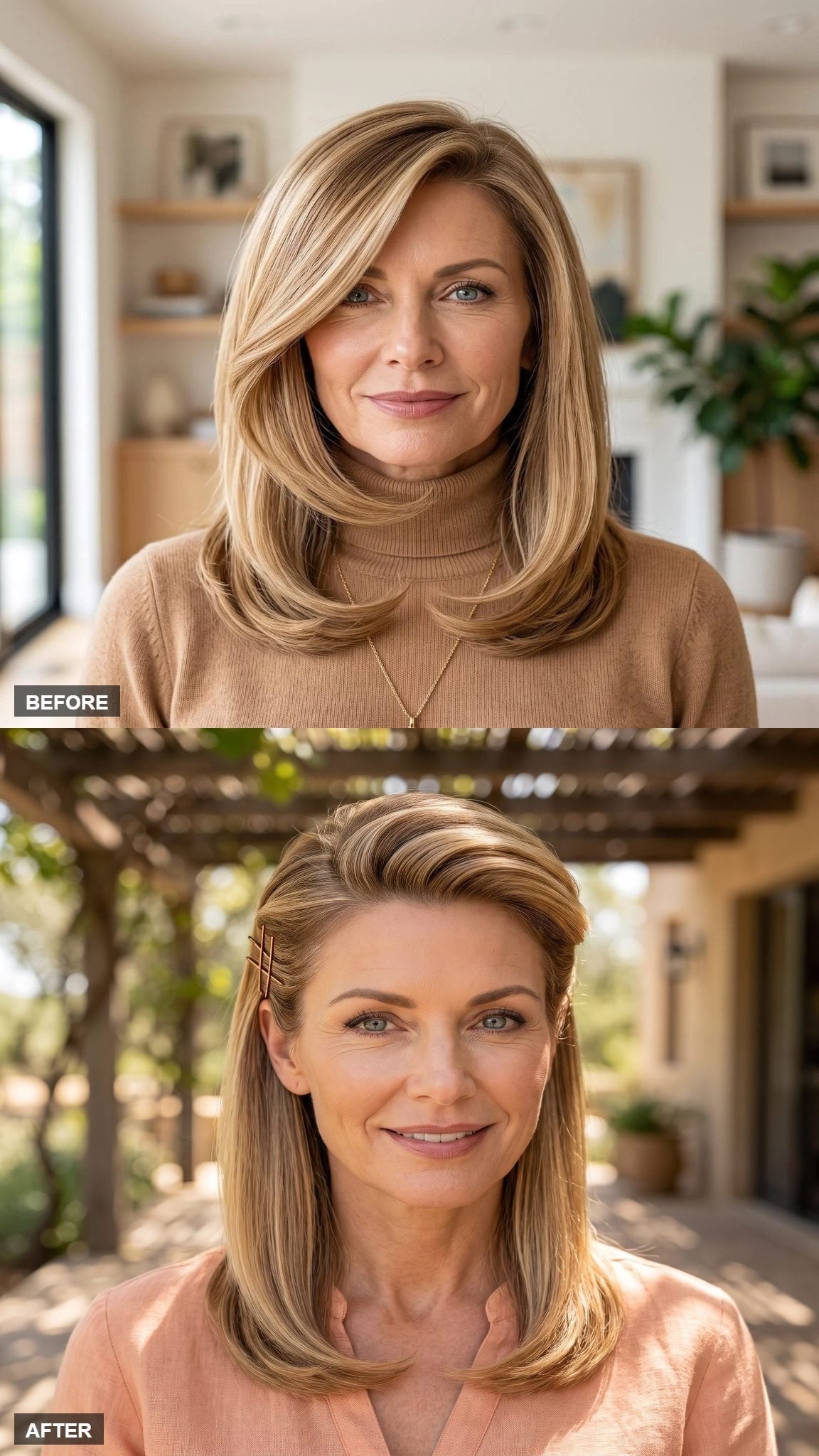 Golden blonde hair secured on one side with a crosshatch clip and peach linen top