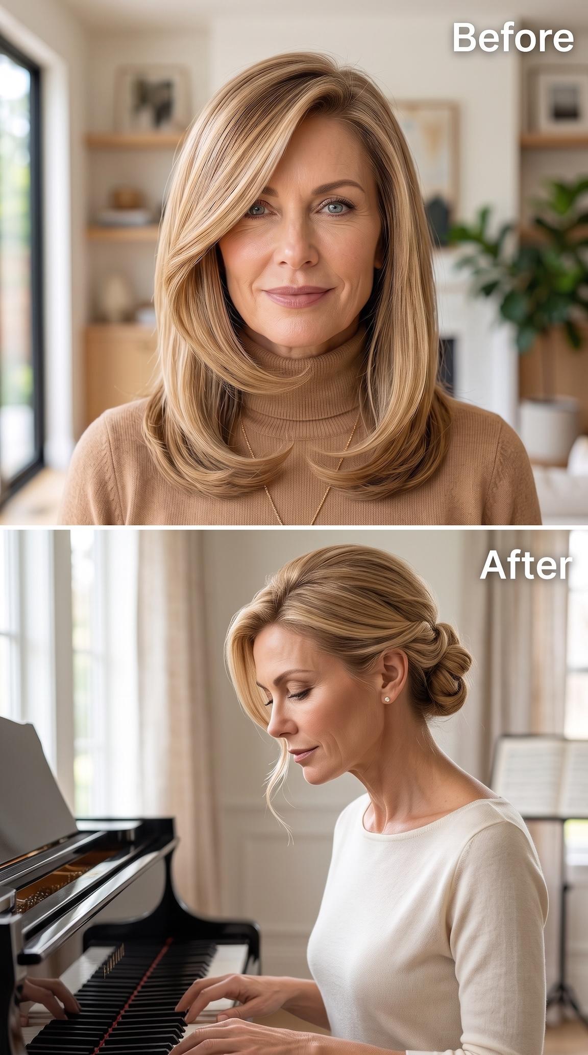 Before-and-after hairstyle showing long blonde layers gathered into a low chignon with loose face-framing strands
