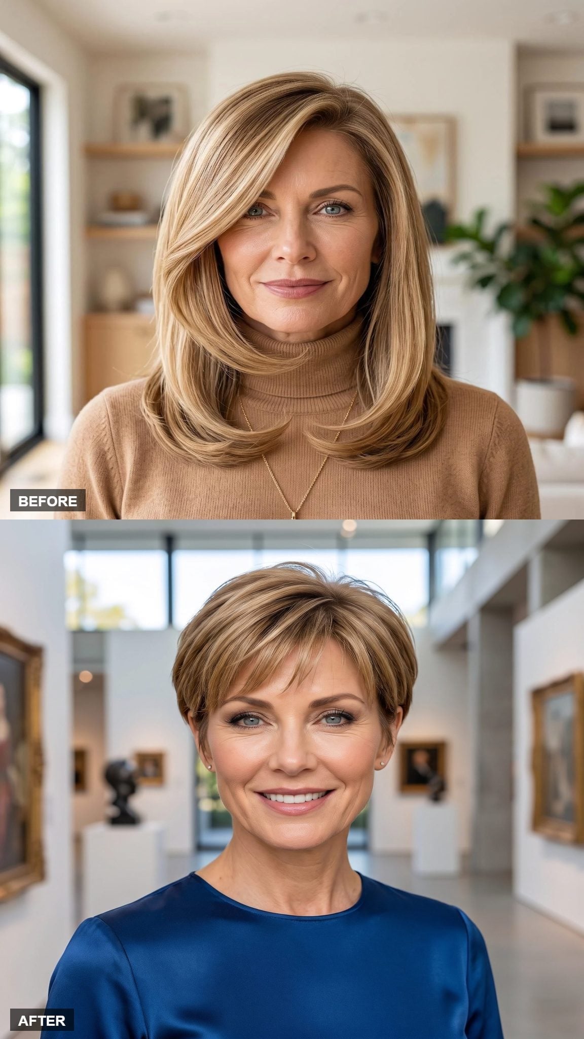 Textured pixie haircut with soft side fringe and navy silk top