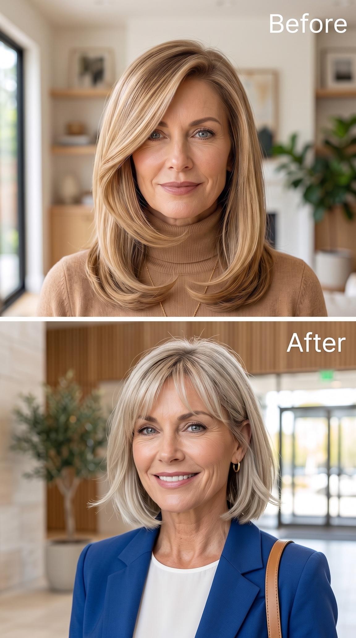 Platinum blonde jaw-length bob with brow-skimming fringe and cobalt blazer