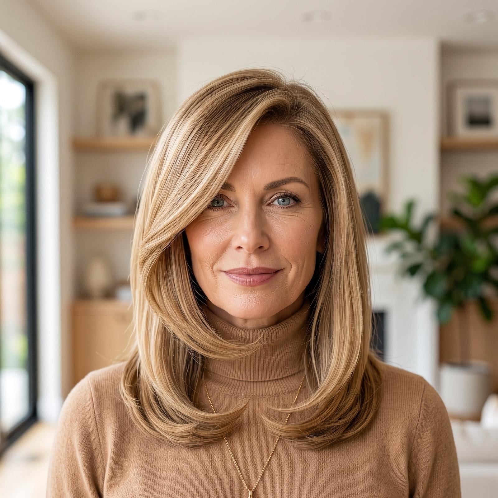 Soft layers and a side-swept hairstyle that opens the face