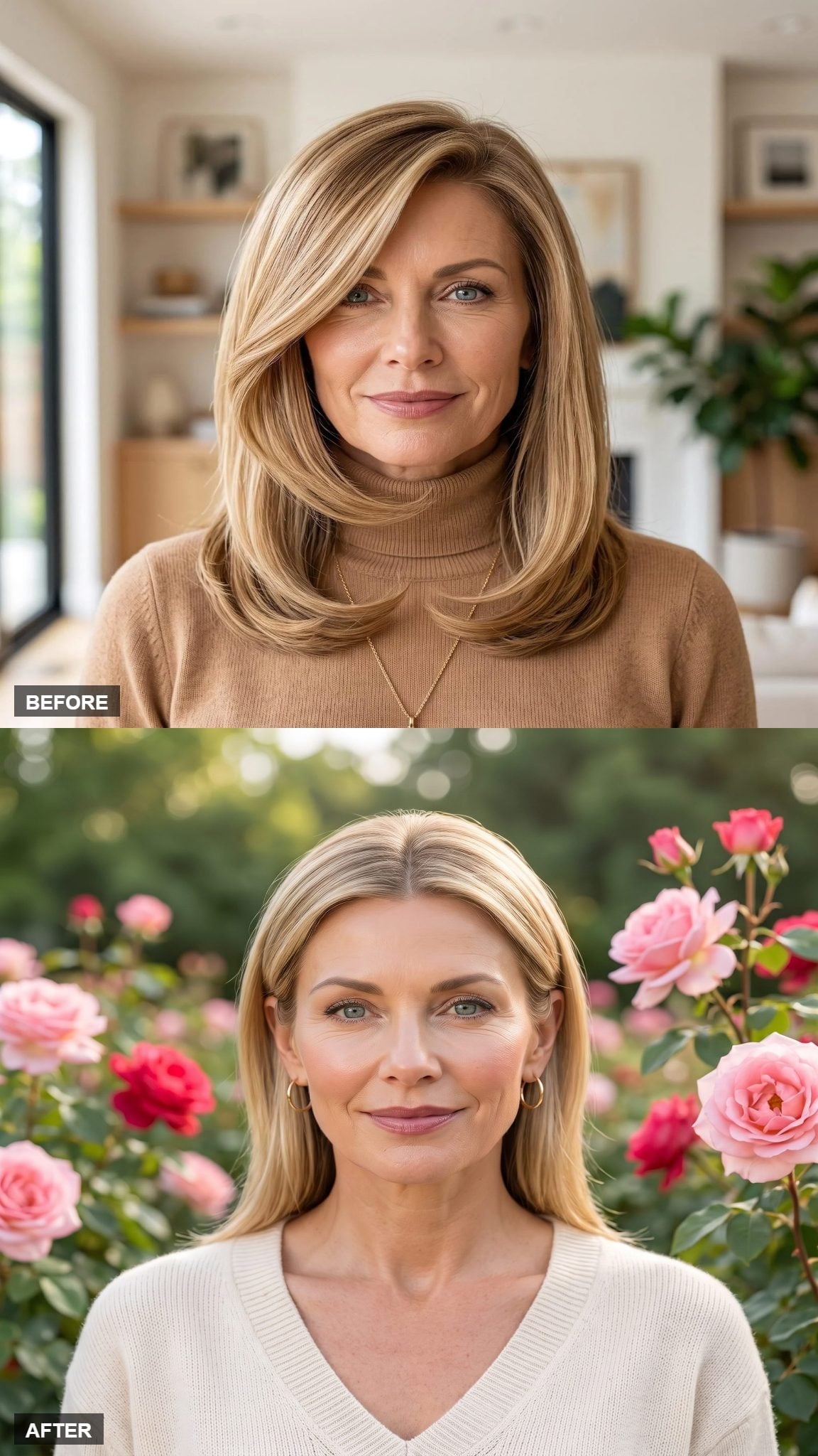 Straight pale blonde shoulder-length hair swept back from a center part