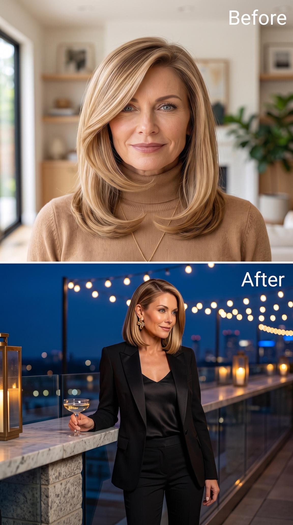 Structured jaw-length bob styled with black blazer and gold statement earrings