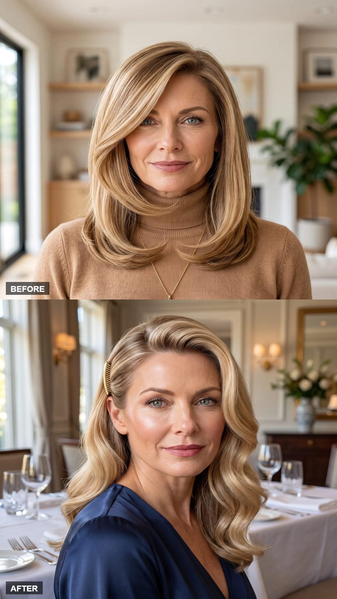 Side-swept waves secured at the temple with a gold barrette and navy wrap top