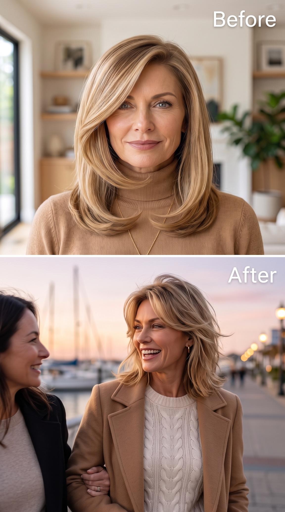 Textured blonde bob with loose face-framing layers and camel blazer