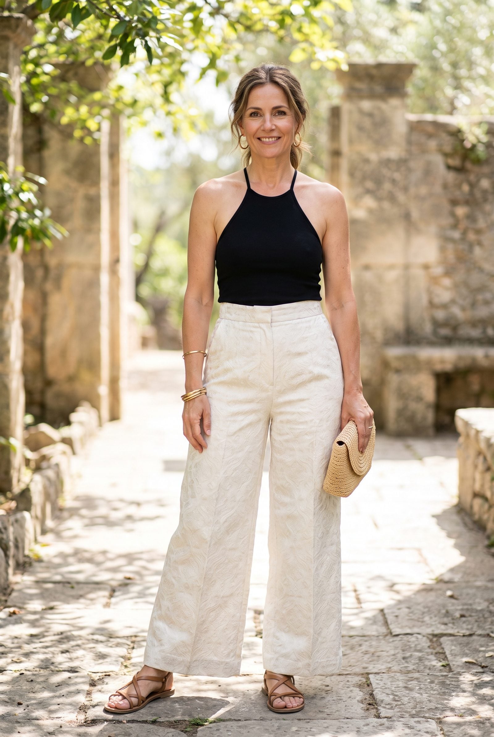 Ivory Brocade Trousers With a Black Halter Top