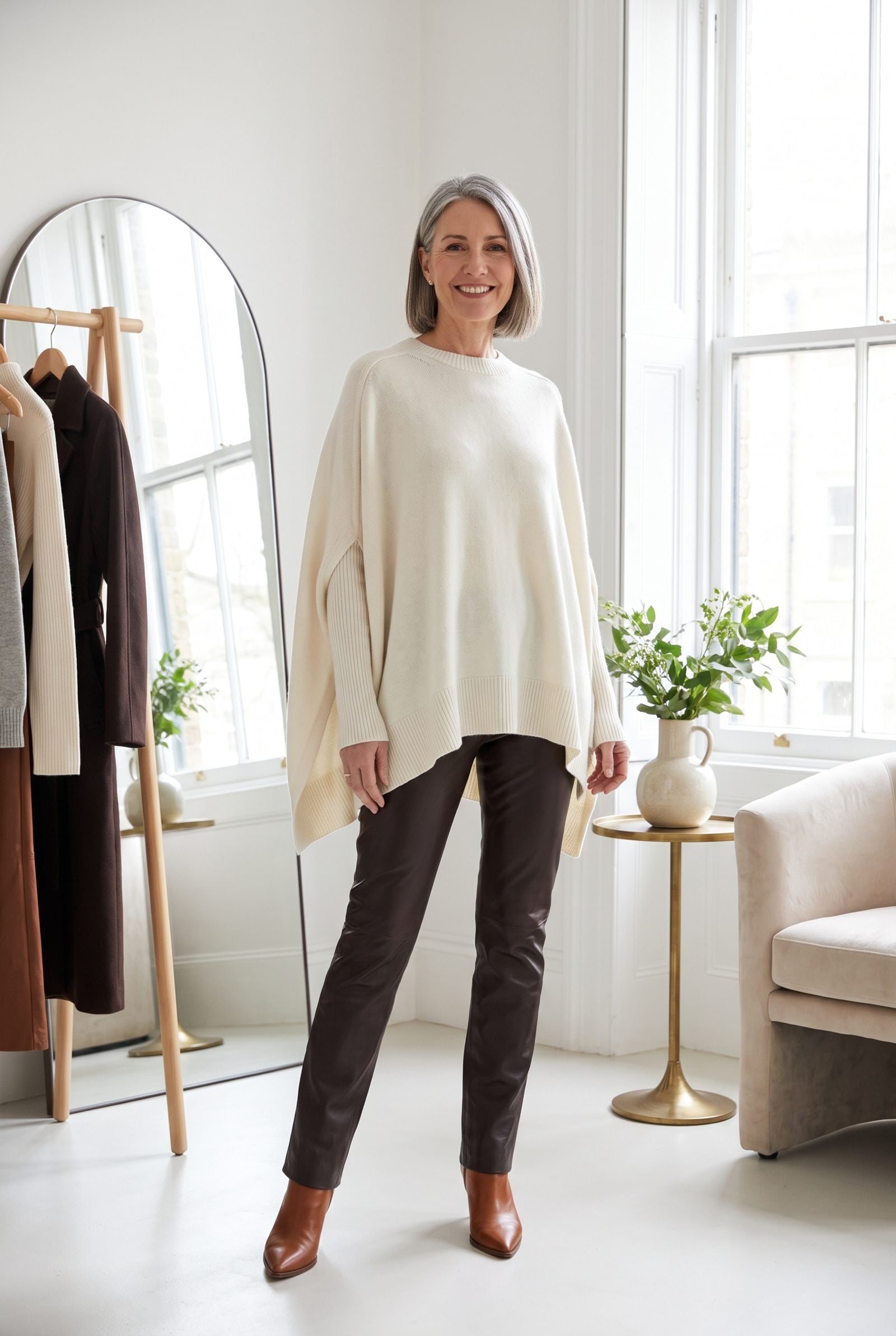 Ivory Cape Sweater + Espresso Leather Pants