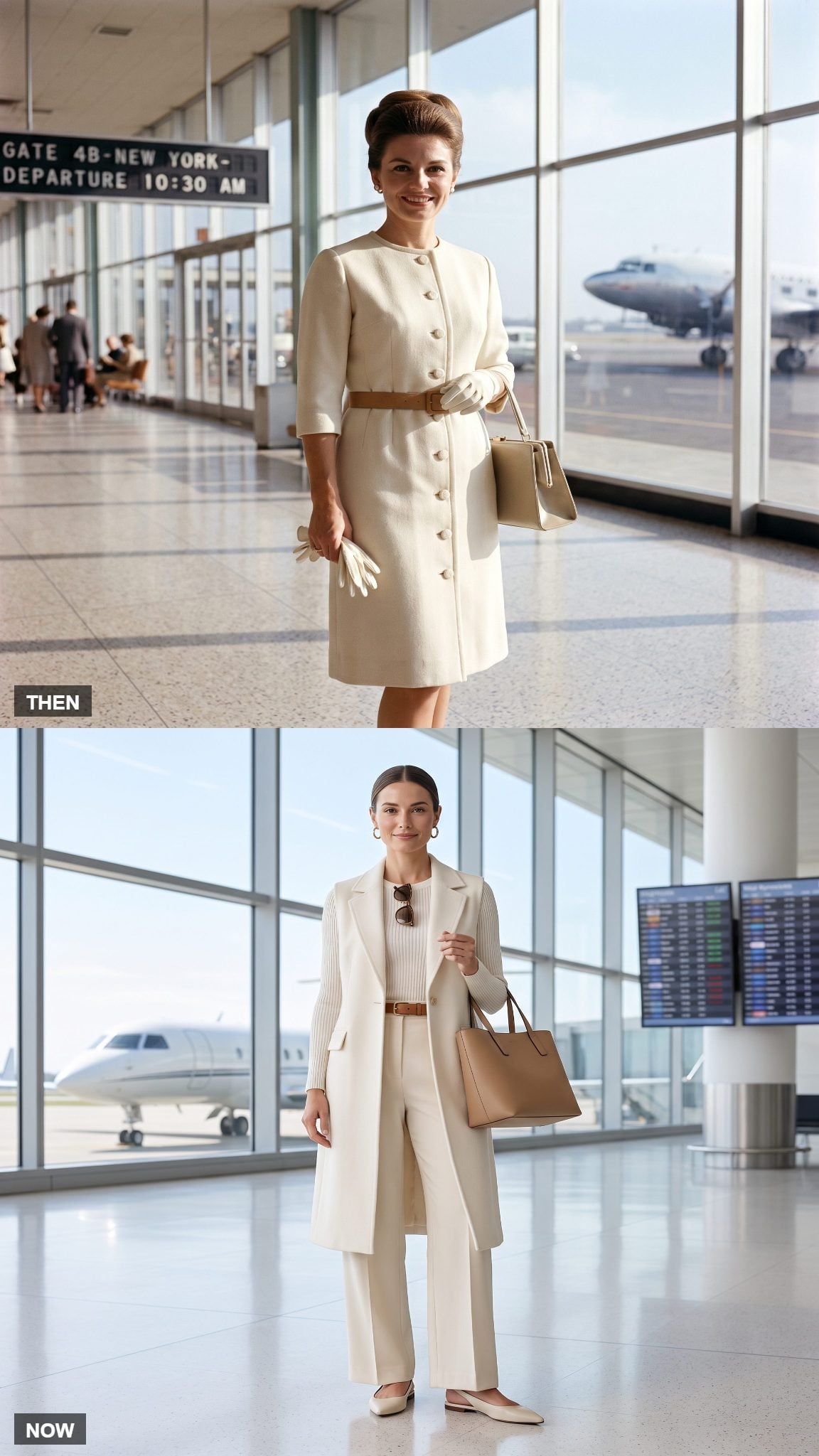 Vintage ivory coatdress compared with a modern long belted vest and trousers