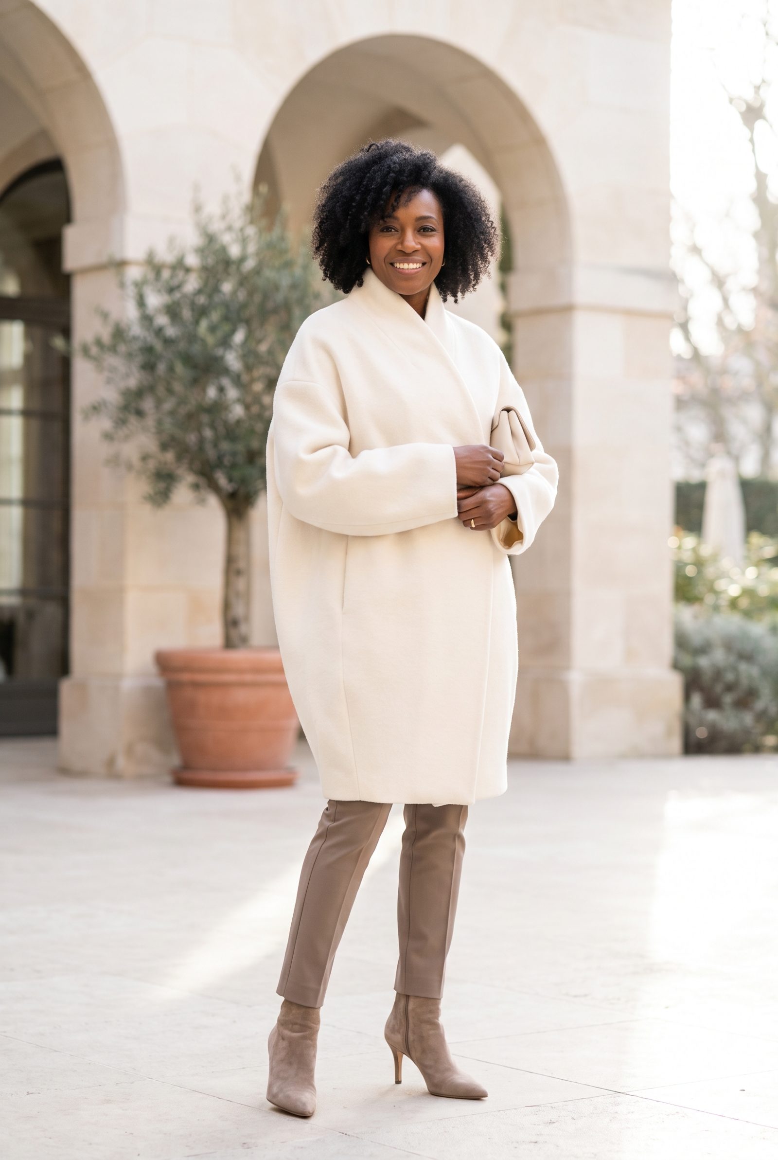 Ivory Cocoon Coat + Taupe Suede Boots