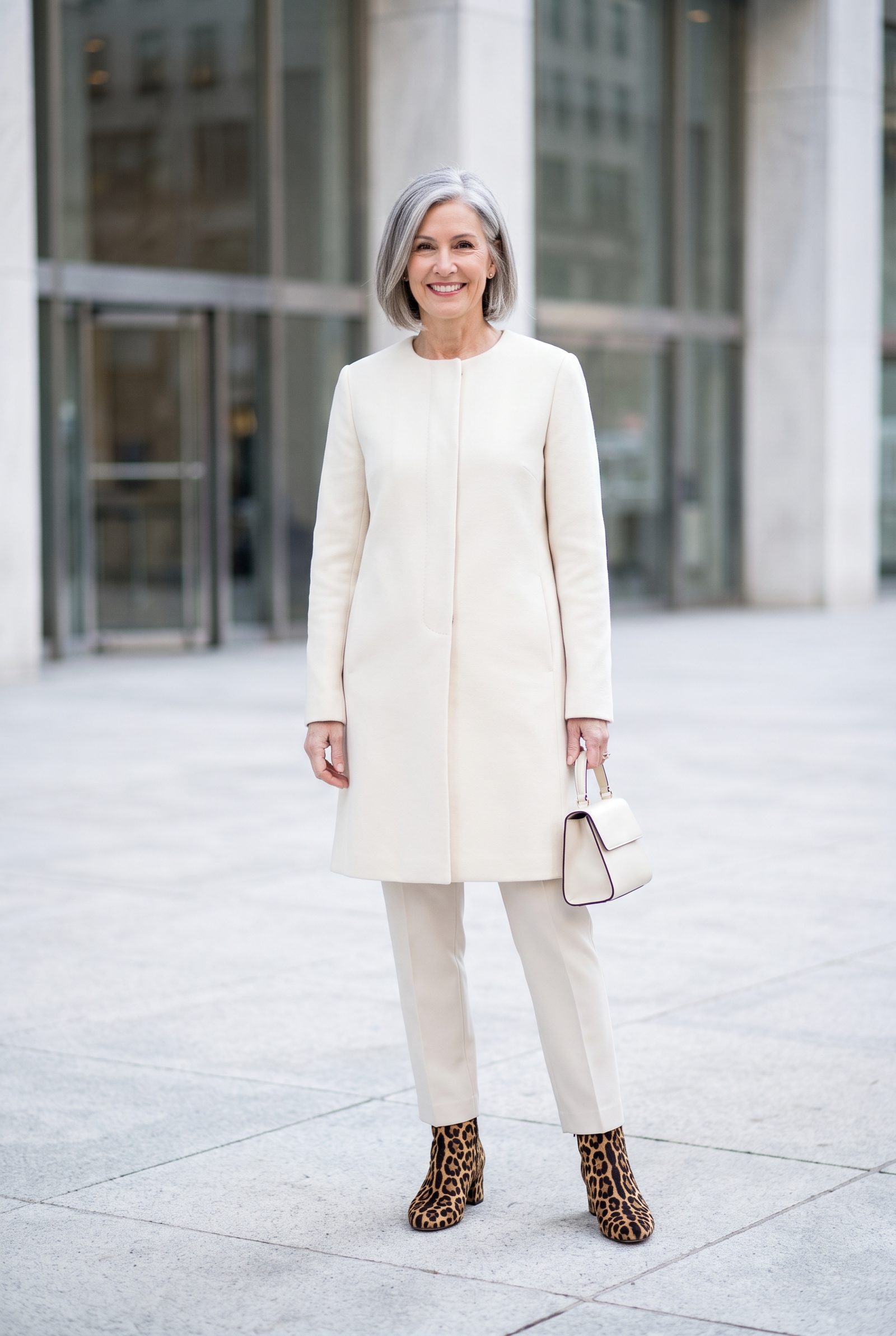 Ivory Collarless Coat + Leopard Calf-Hair Boots