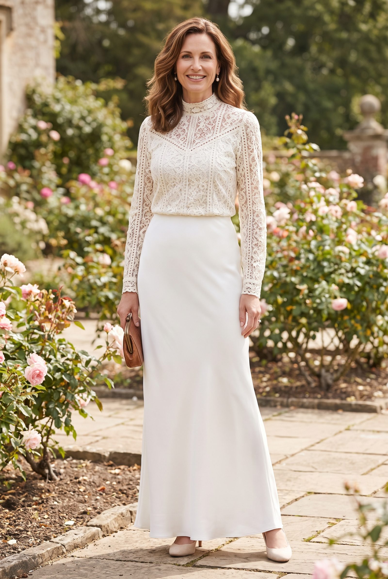 Ivory Lace Blouse With a White Column Skirt