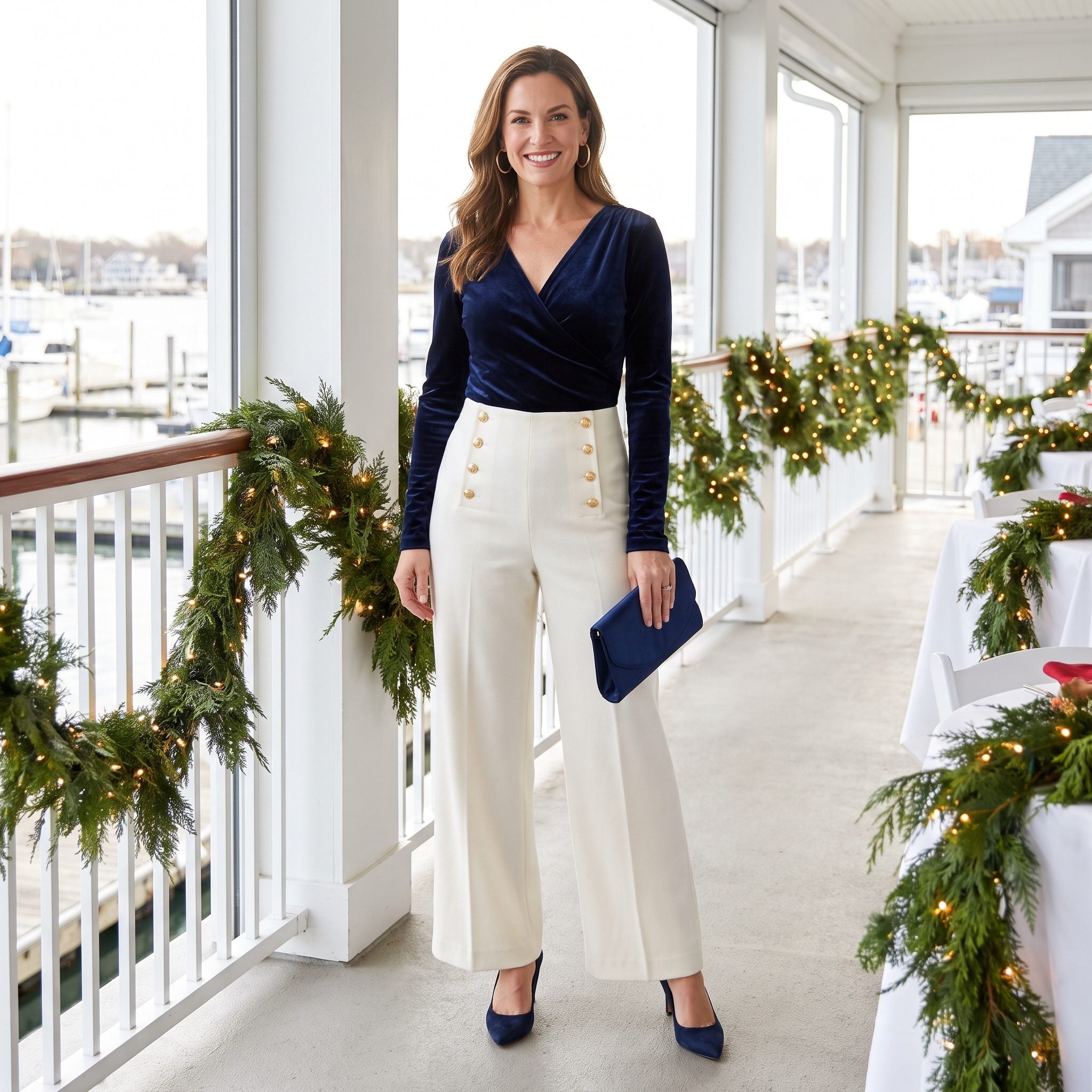Ivory Sailor Trousers With a Navy Velvet Wrap Top