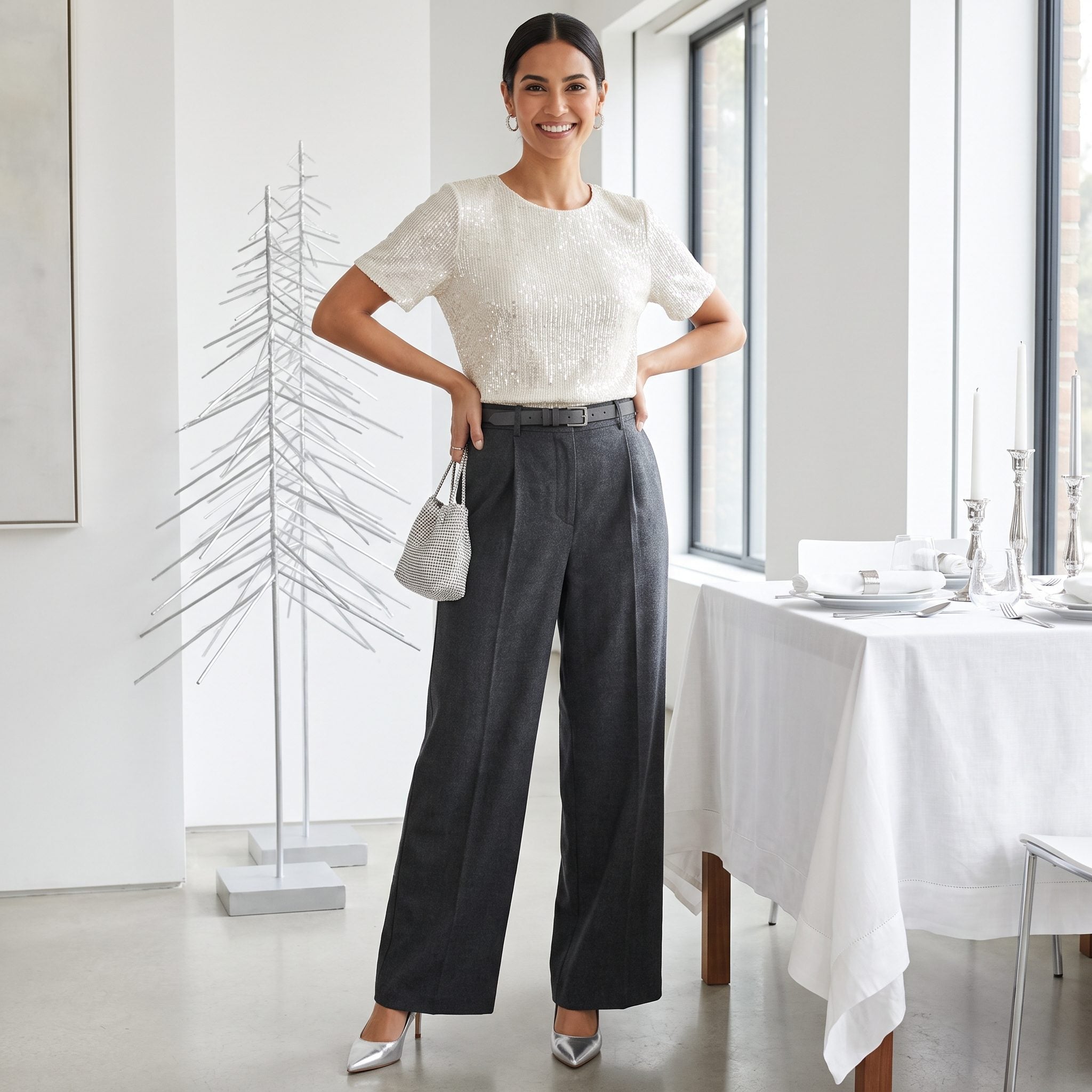 Ivory sequin top with charcoal flannel palazzo trousers