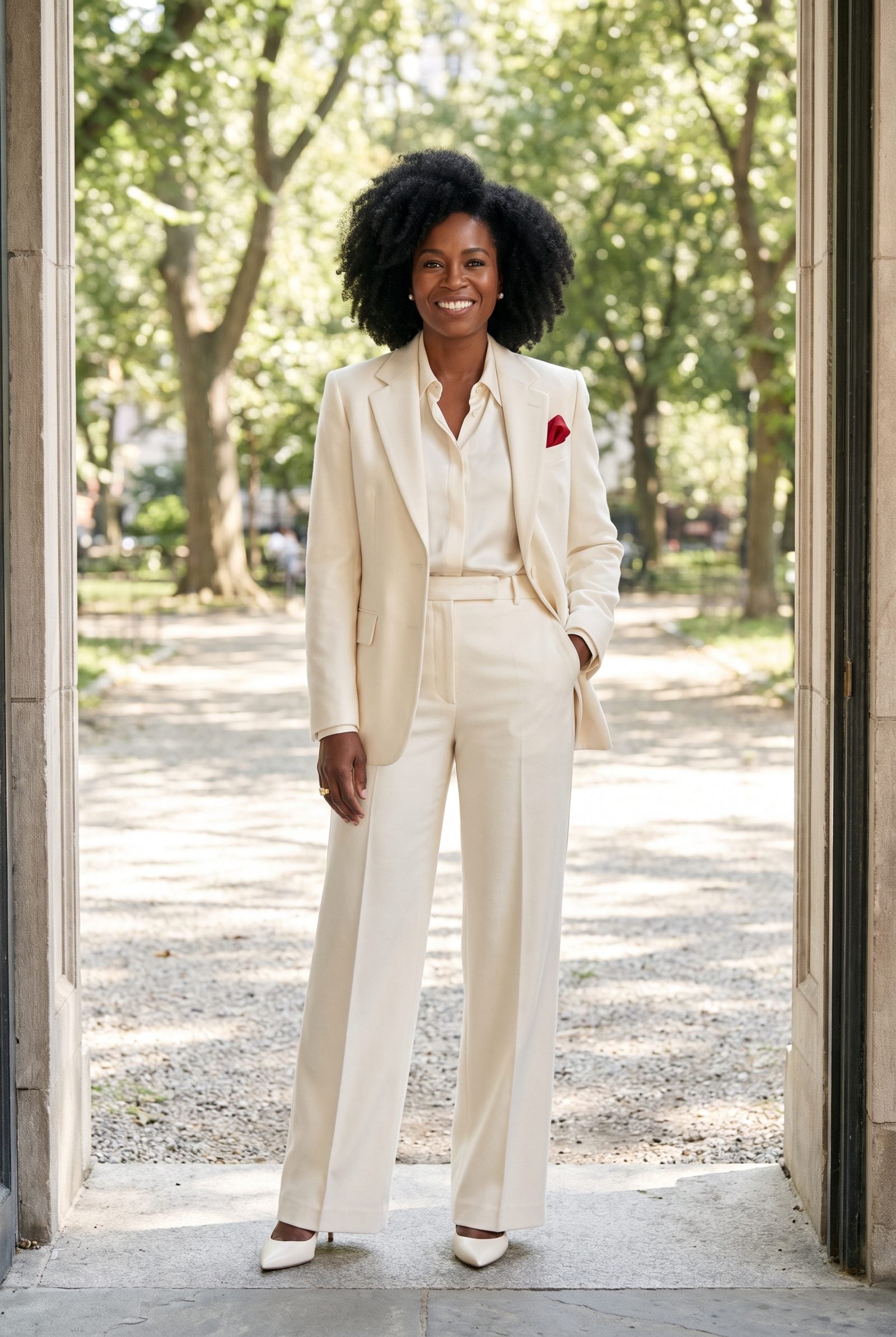 Ivory Suit With a Single Red Pocket Square