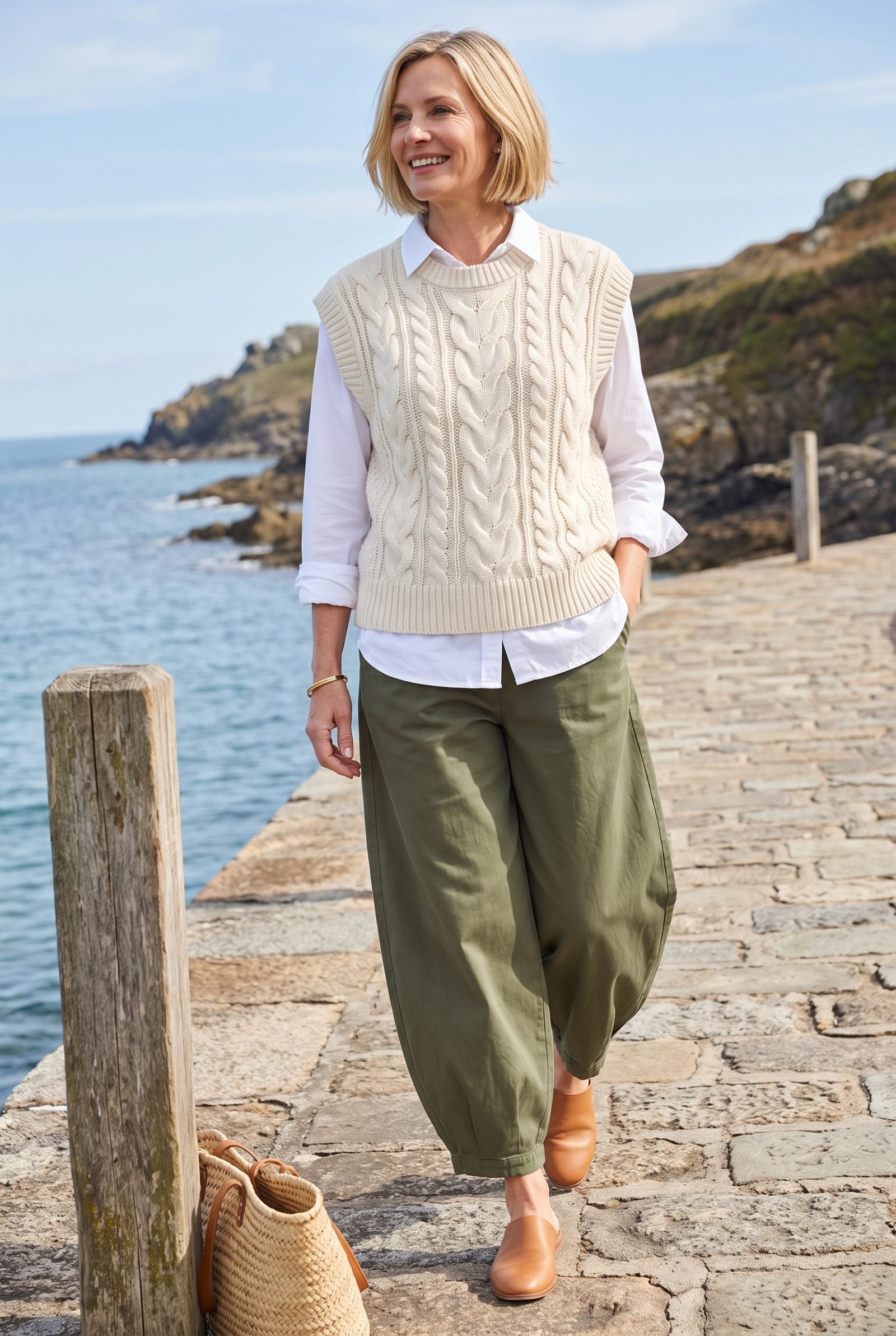 Ivory Sweater Vest + Olive Balloon Pants