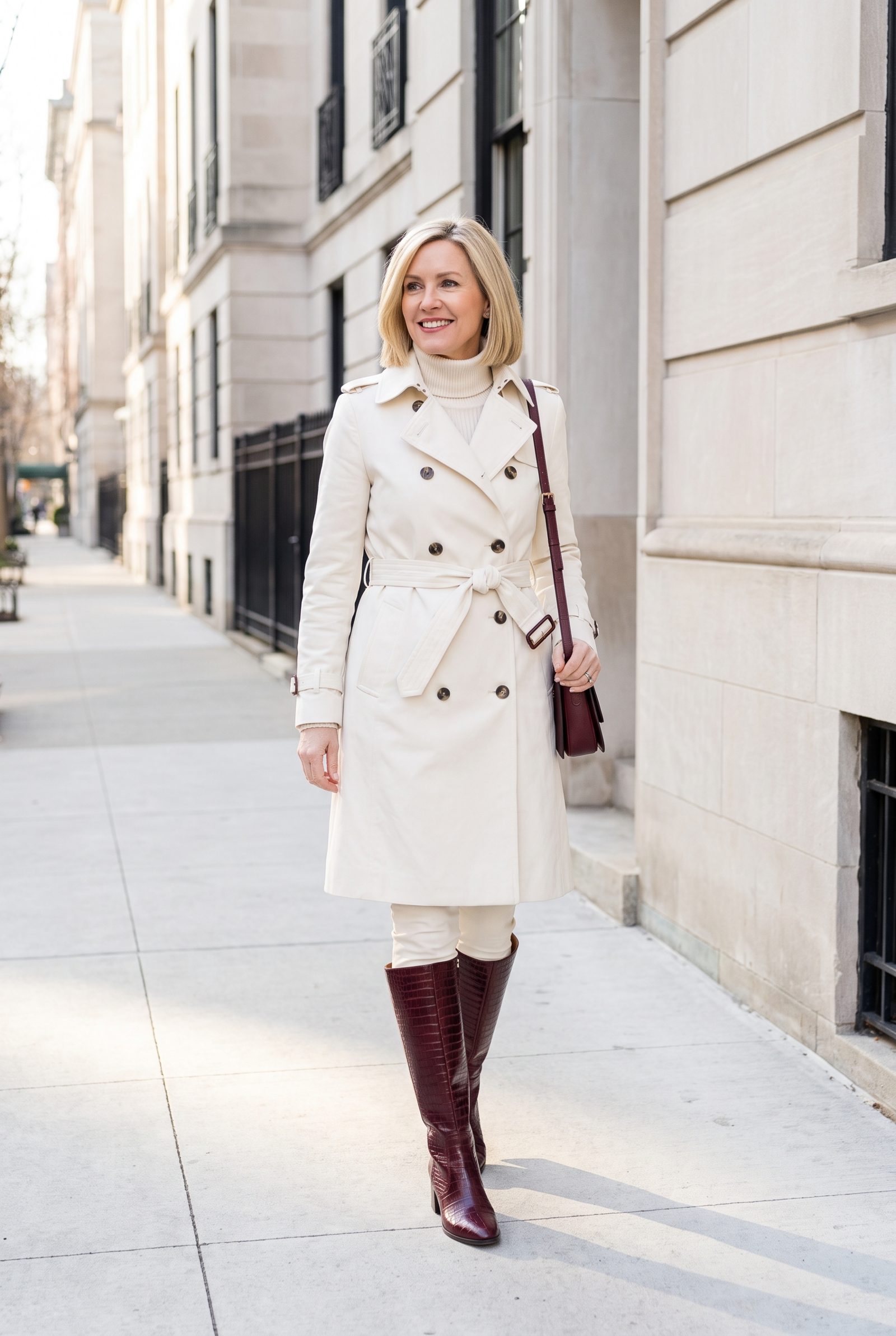 Ivory Trench Coat + Burgundy Croc-Embossed Boots