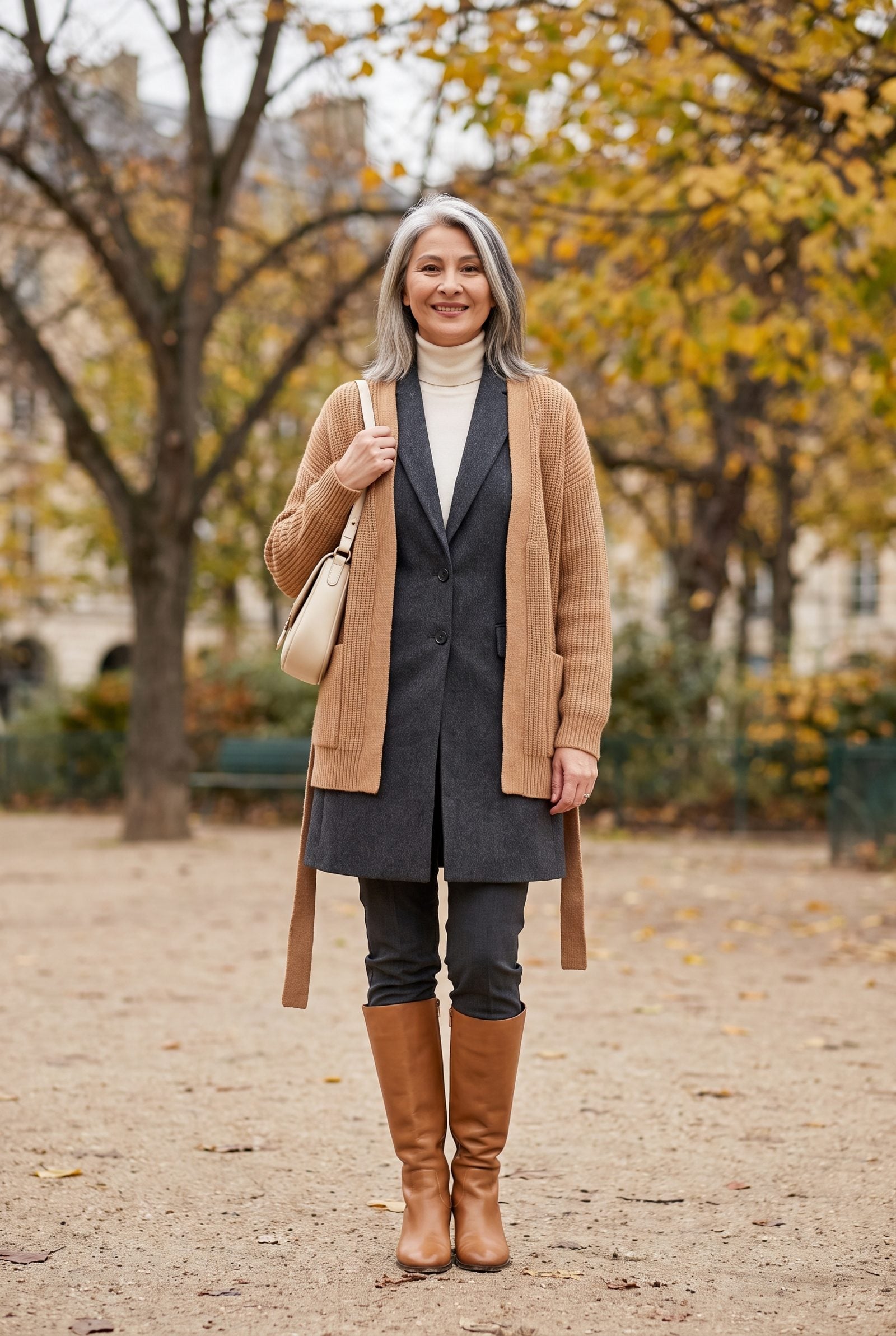 Ivory Turtleneck + Longline Waistcoat + Belted Cardigan