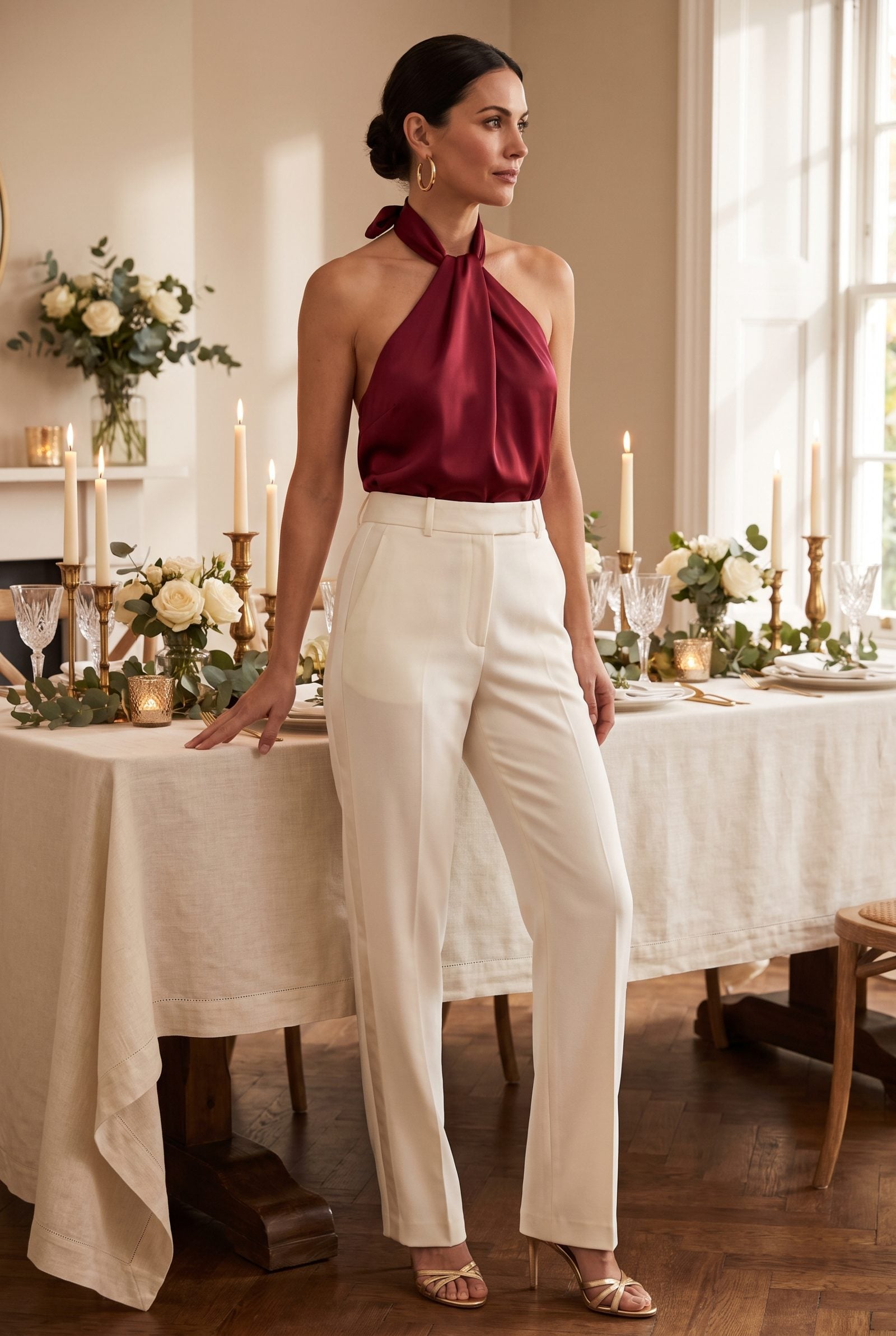 Ivory Tuxedo Trousers With a Cranberry Halter Top
