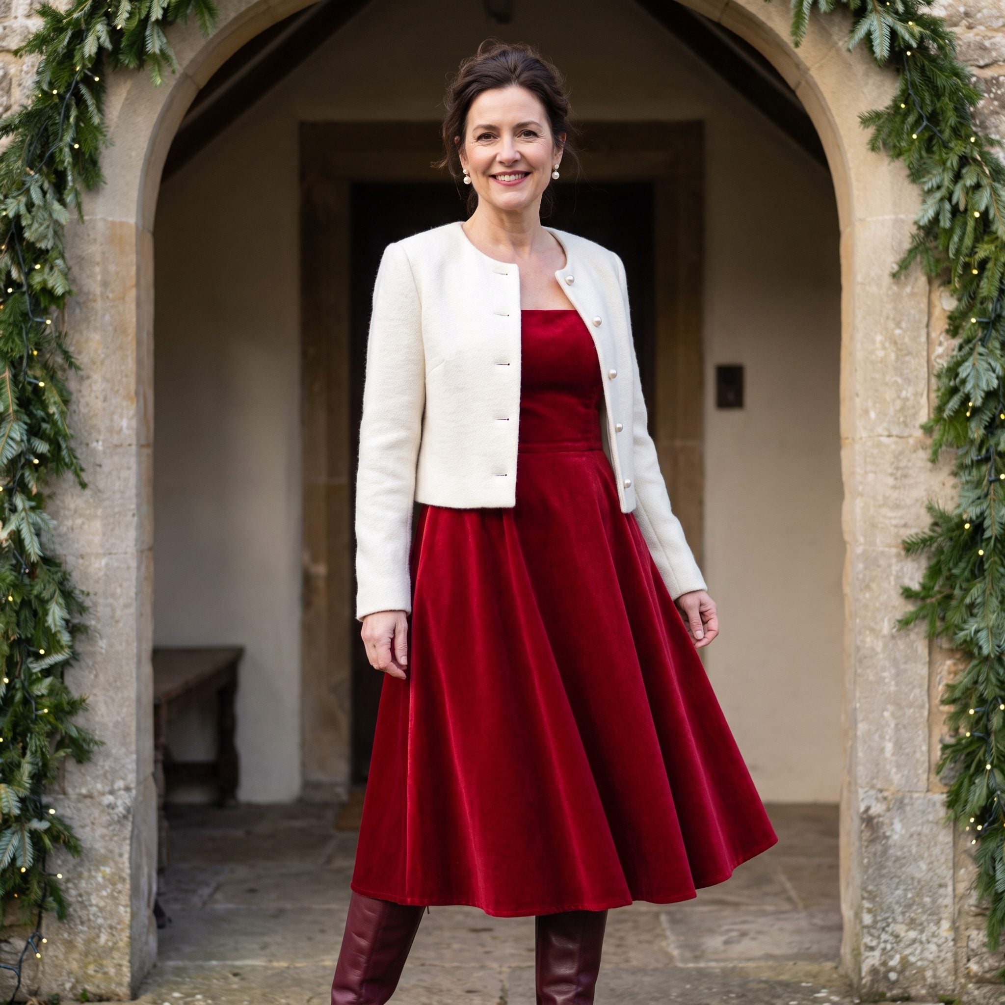 Ivory waist-length jacket paired with a full ruby velvet skirt and burgundy knee-high boots