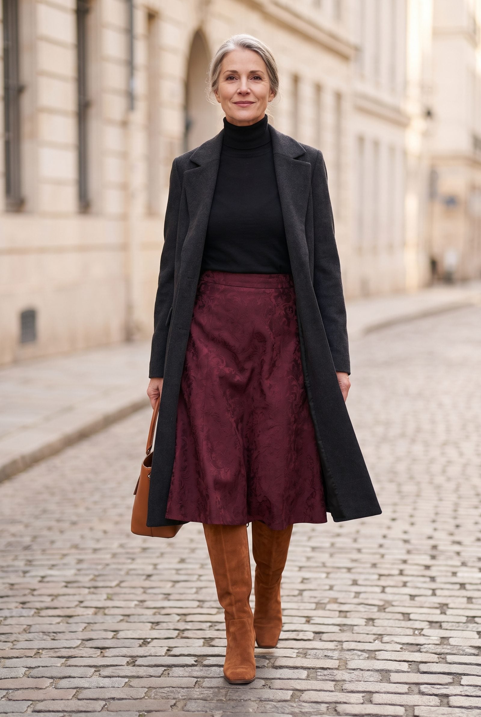 Jacquard A-Line Skirt With Square-Toe Knee Boots