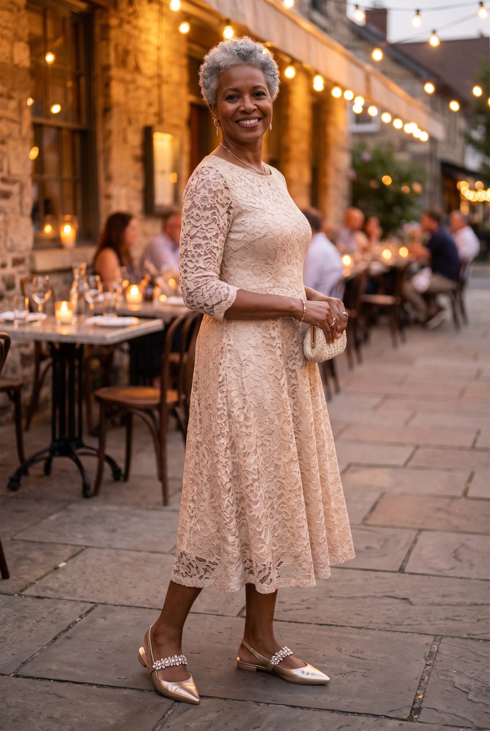 Jeweled Slingback Flats With a Champagne Lace Midi Dress for a Wedding