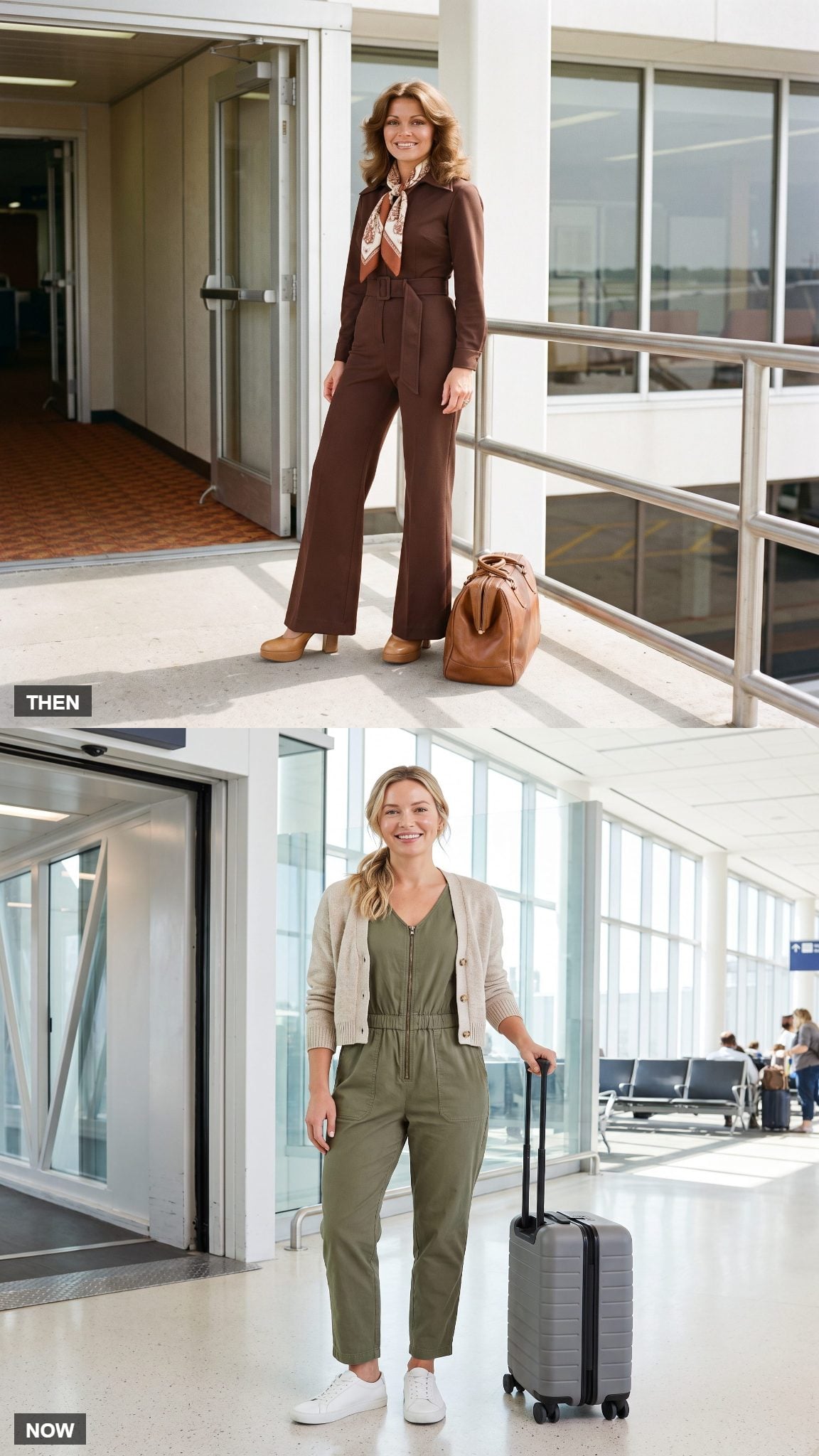 Vintage chocolate tailored jumpsuit compared with a modern olive stretch-cotton jumpsuit