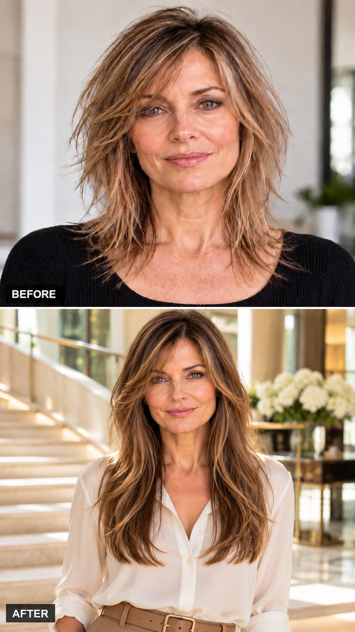 Fine hair kept long with a strong U-shaped perimeter and restrained face-framing pieces