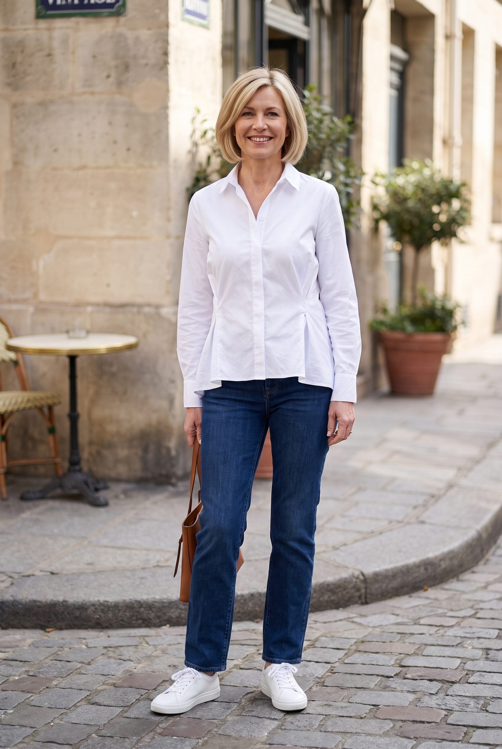 Woman in a white poplin shirt with twisting side seams and a puckered hem, with dark jeans and sneakers.