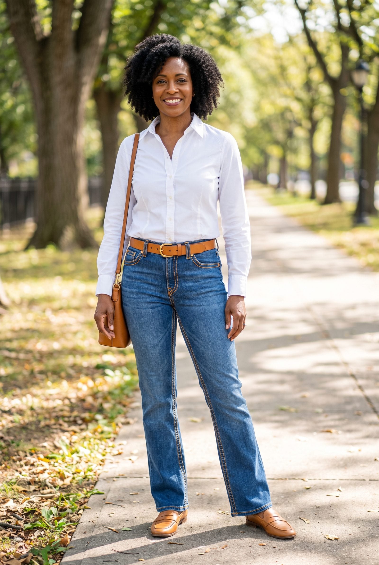 Woman in mid-blue bootcut jeans with heavy orange contrast stitching and a white shirt.