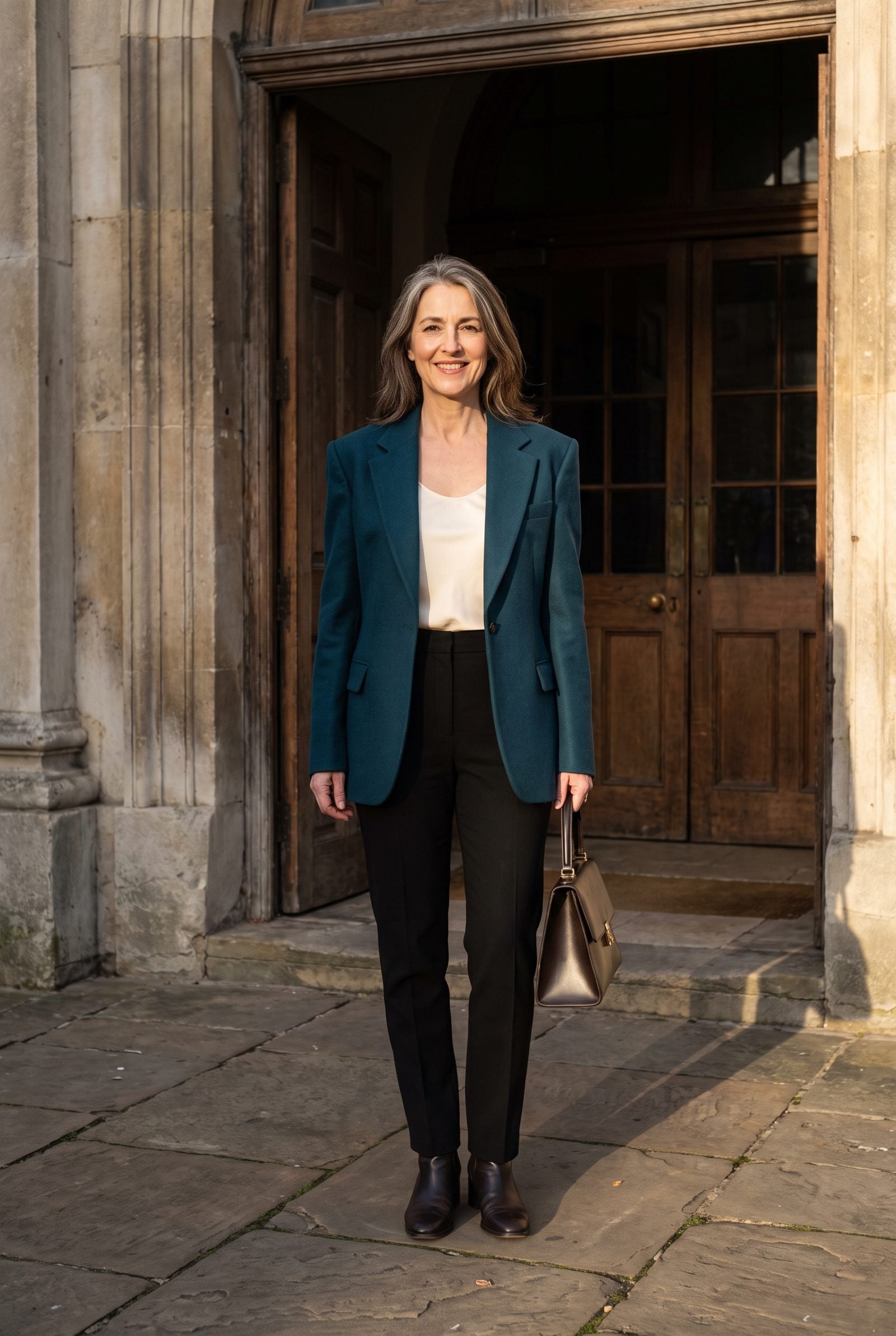 Woman in a teal blazer with shoulder pads extending about an inch past her natural shoulders.
